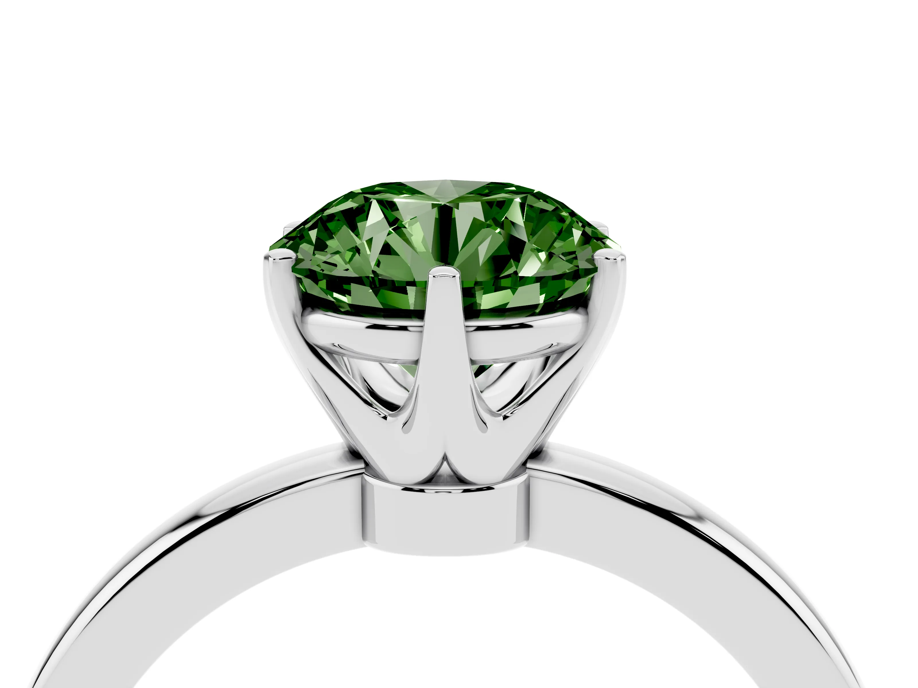 Fancy Green Round Cut Diamond Solitaire Ring Set in Platinum with Raised Prong Setting on a Classic Band
