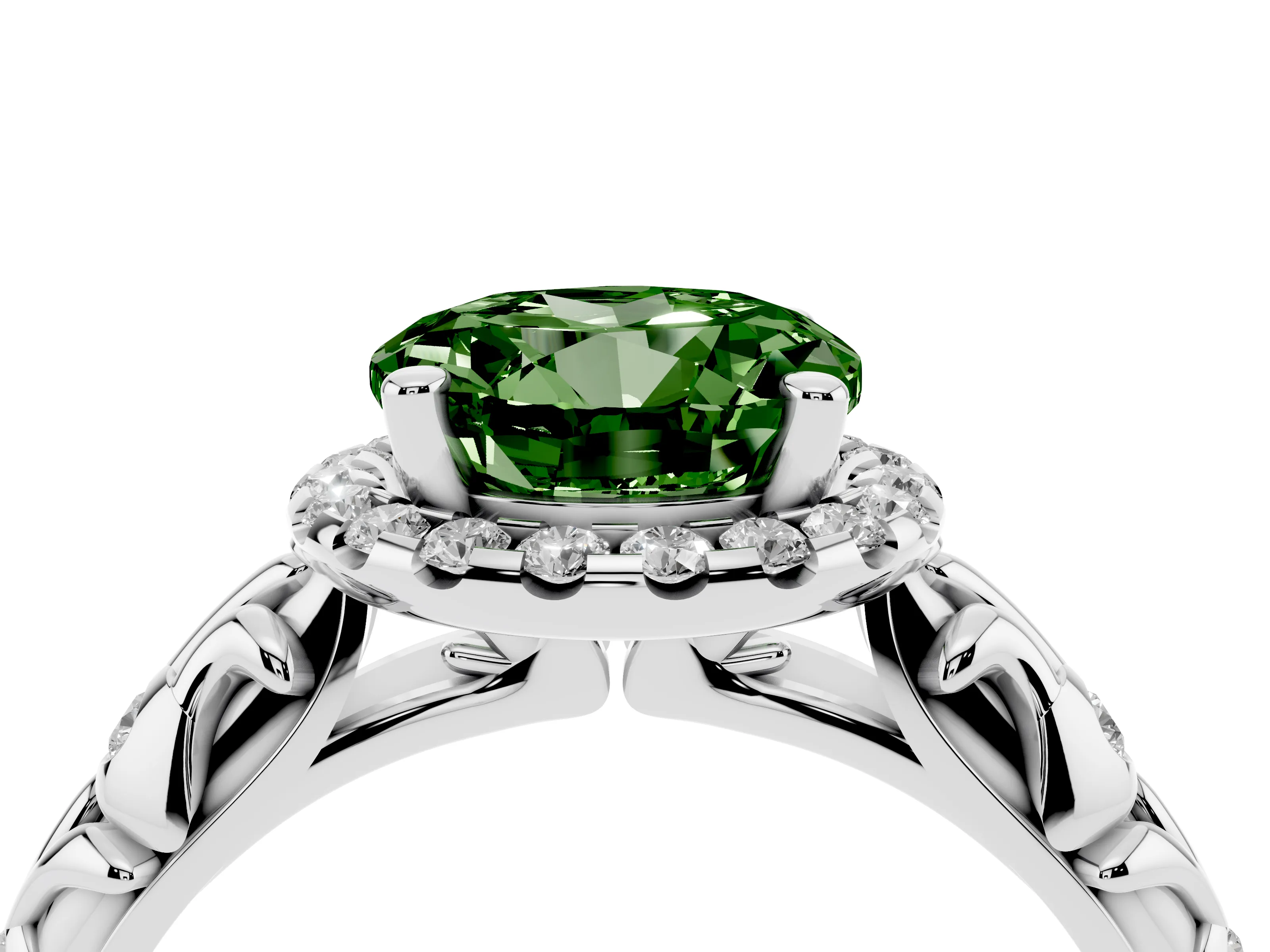 Fancy Green Round Cut Diamond Halo Ring Set in Platinum with Filigree Leaf Band and Prong Setting
