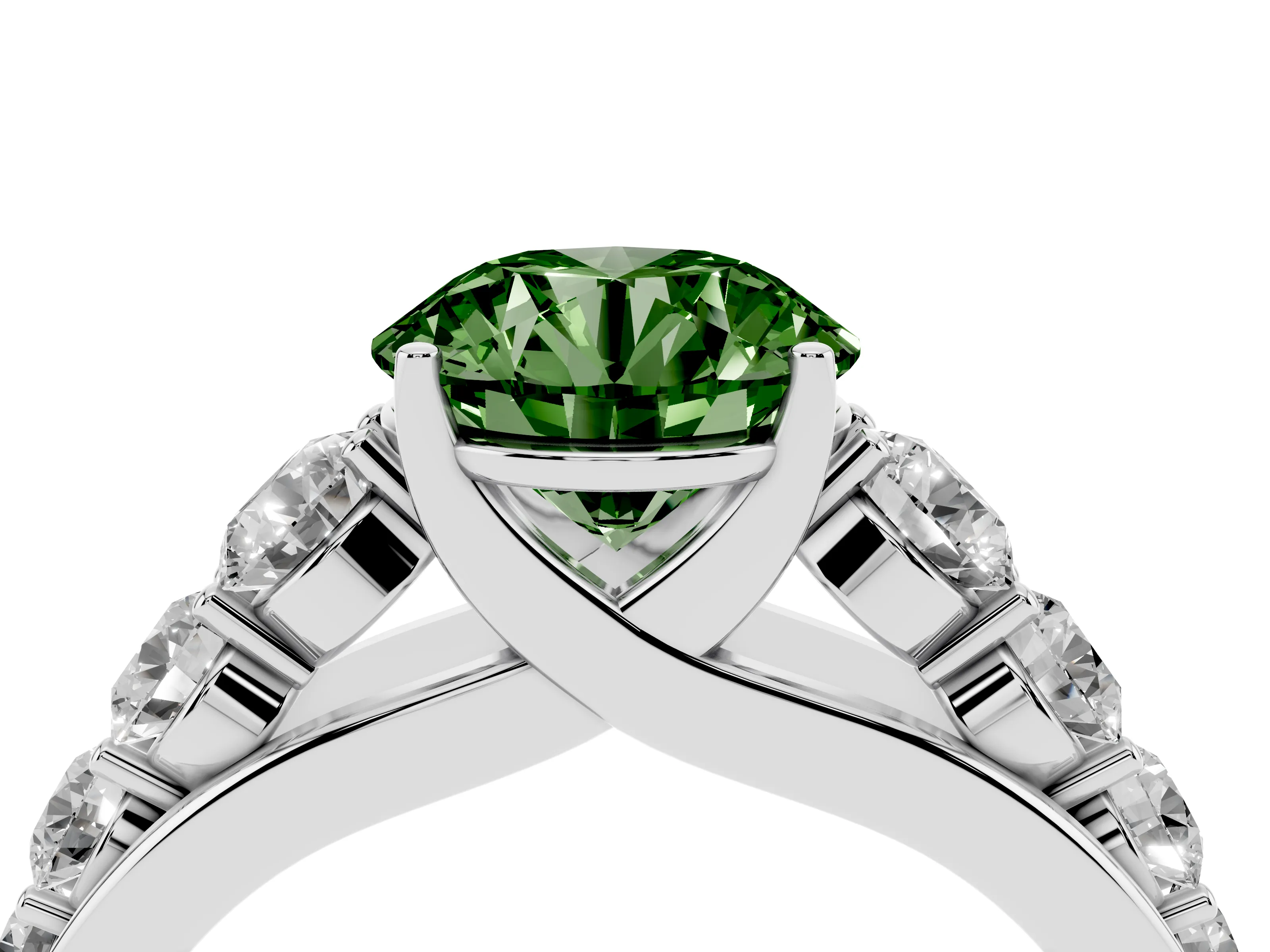 Fancy Green Round Cut Diamond Solitaire Ring Set in White gold with Pavé-Set Band and Prong Setting