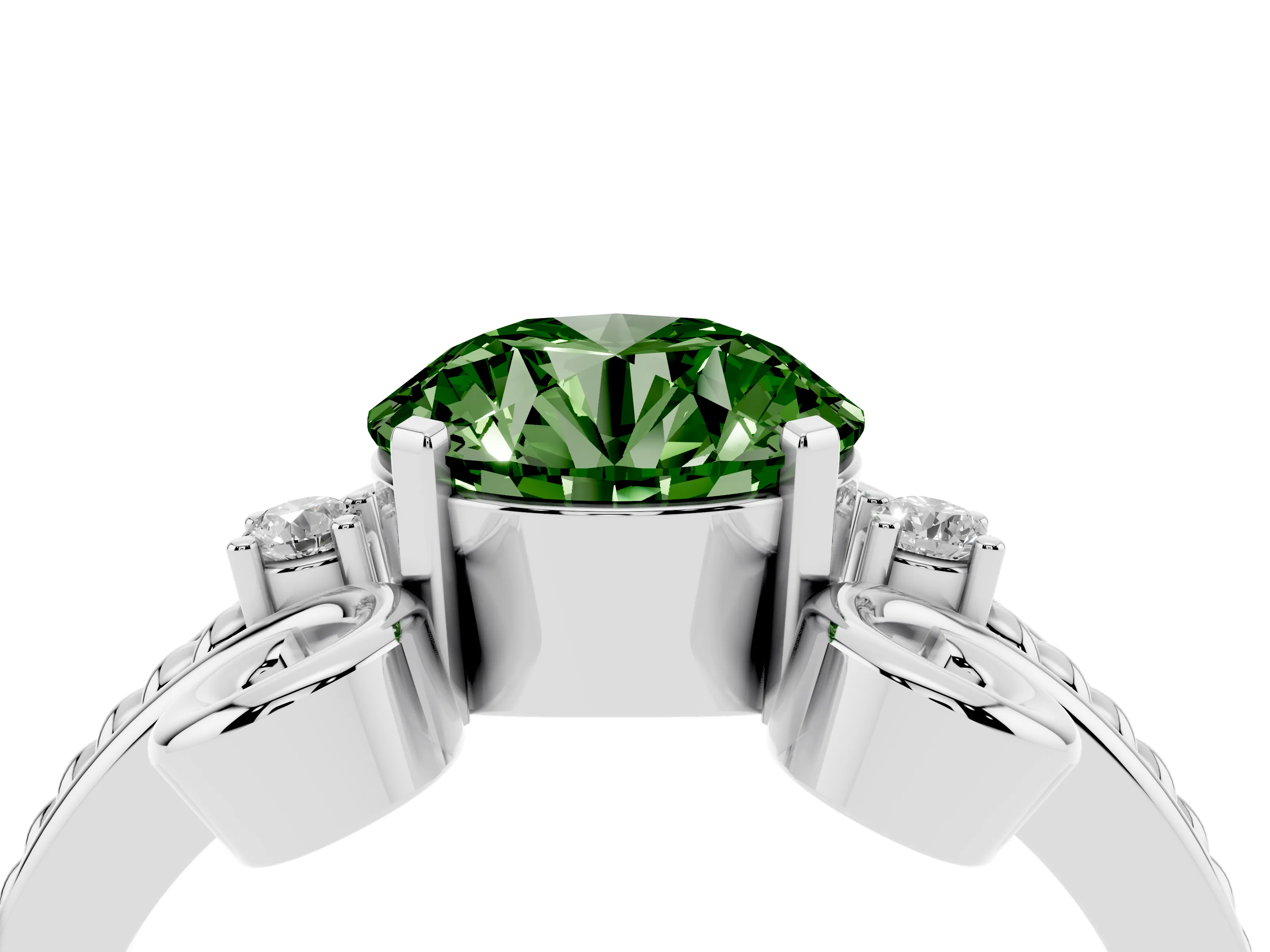 Fancy Green Round Cut Diamond Twisted Band Solitaire Ring Set in Platinum with Scroll Prongs