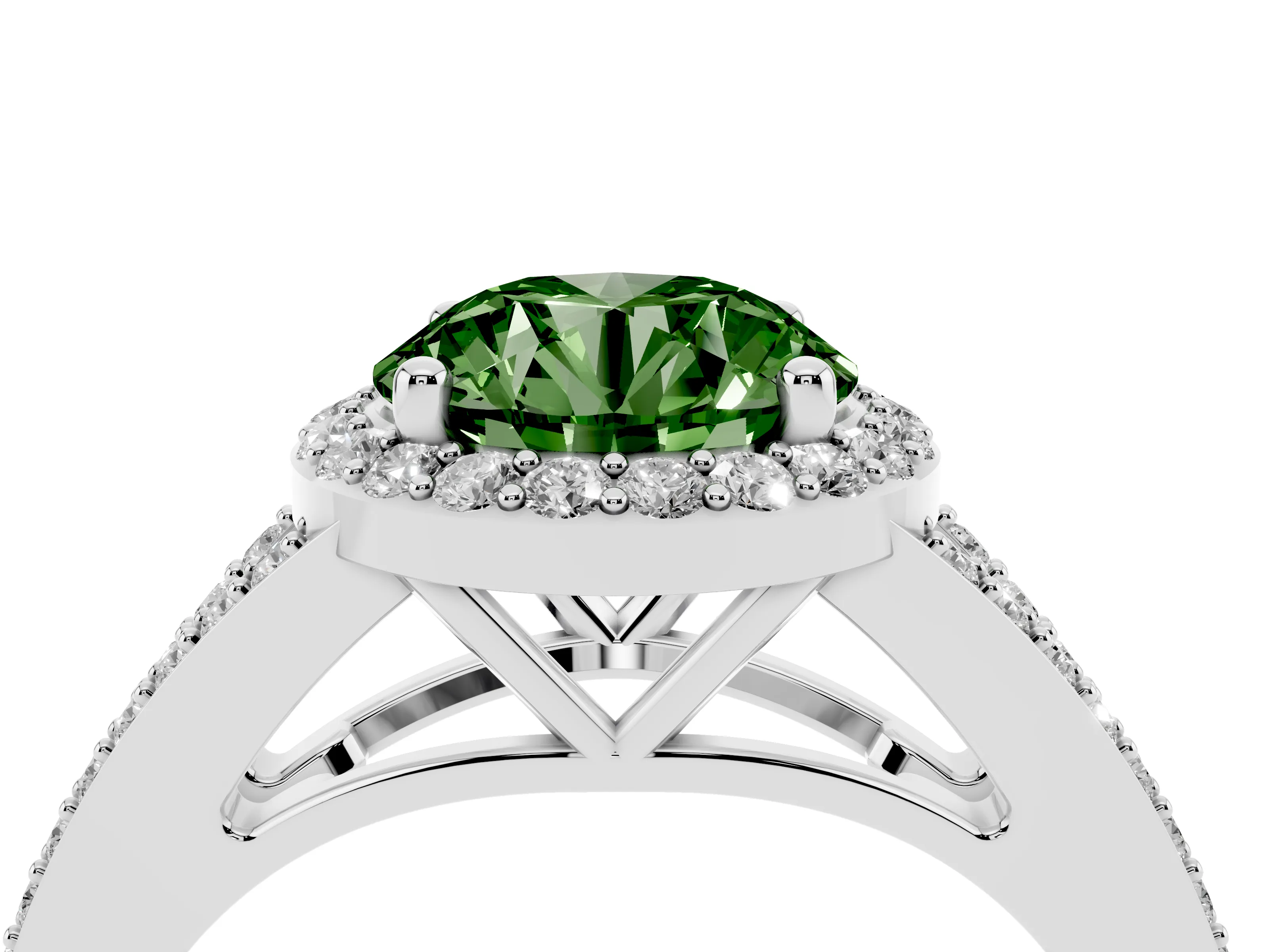 Fancy Green Round Cut Diamond Halo Split Shank Pavé Ring Set in Platinum with Prong Setting