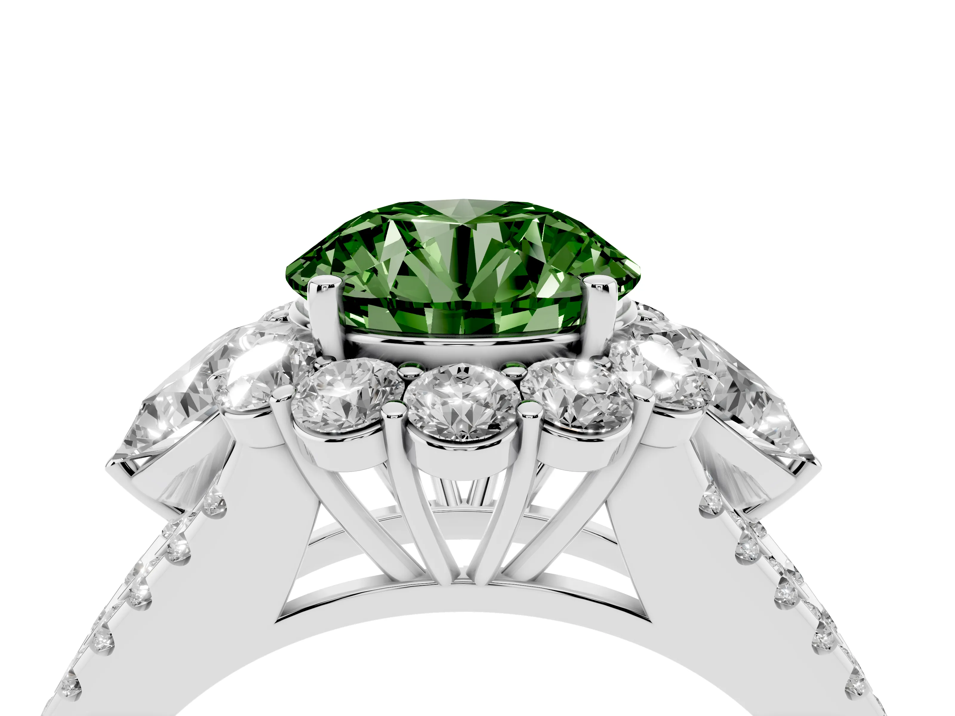 Fancy Green Round Cut Diamond Halo Split Shank Engagement Ring Set in Platinum with Prong-Held Center Stone
