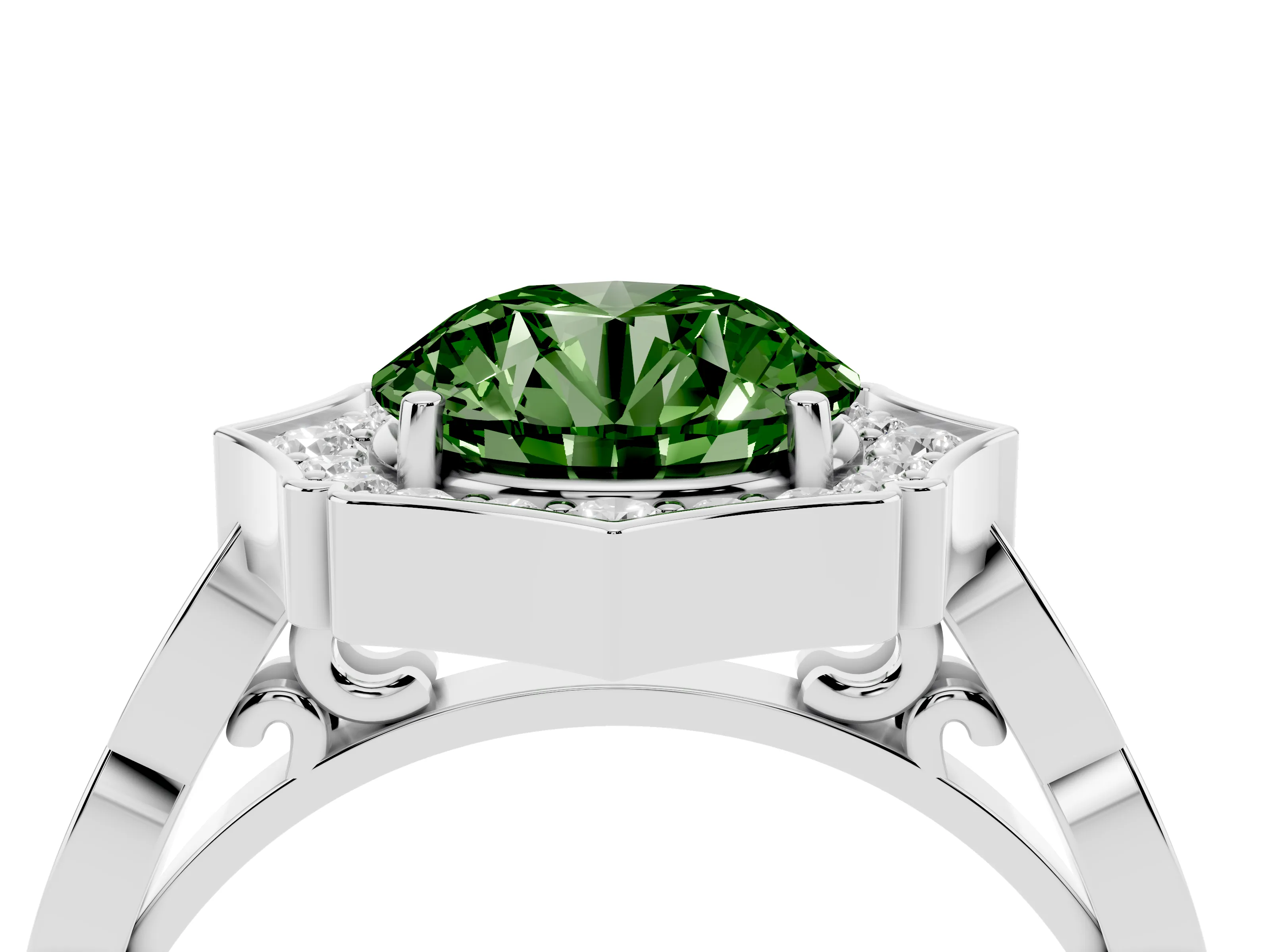 Fancy Green Round Cut Diamond Halo Engagement Ring Set in Silver with Milgrain Band and Prong Setting