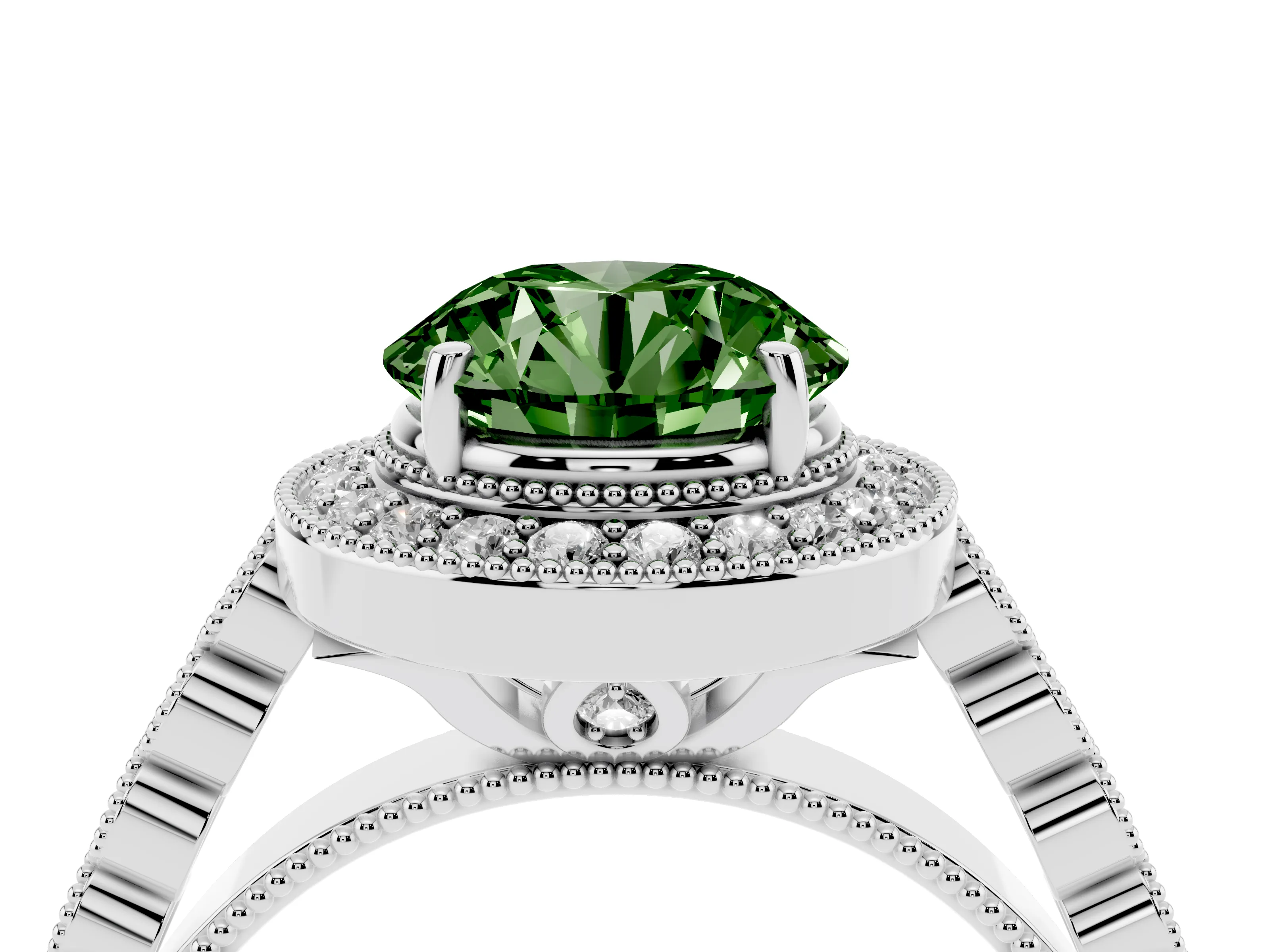Fancy Green Round Cut Diamond Milgrain Halo Solitaire Ring Set in White gold with Bezel Set Side Stones and Pavé Band