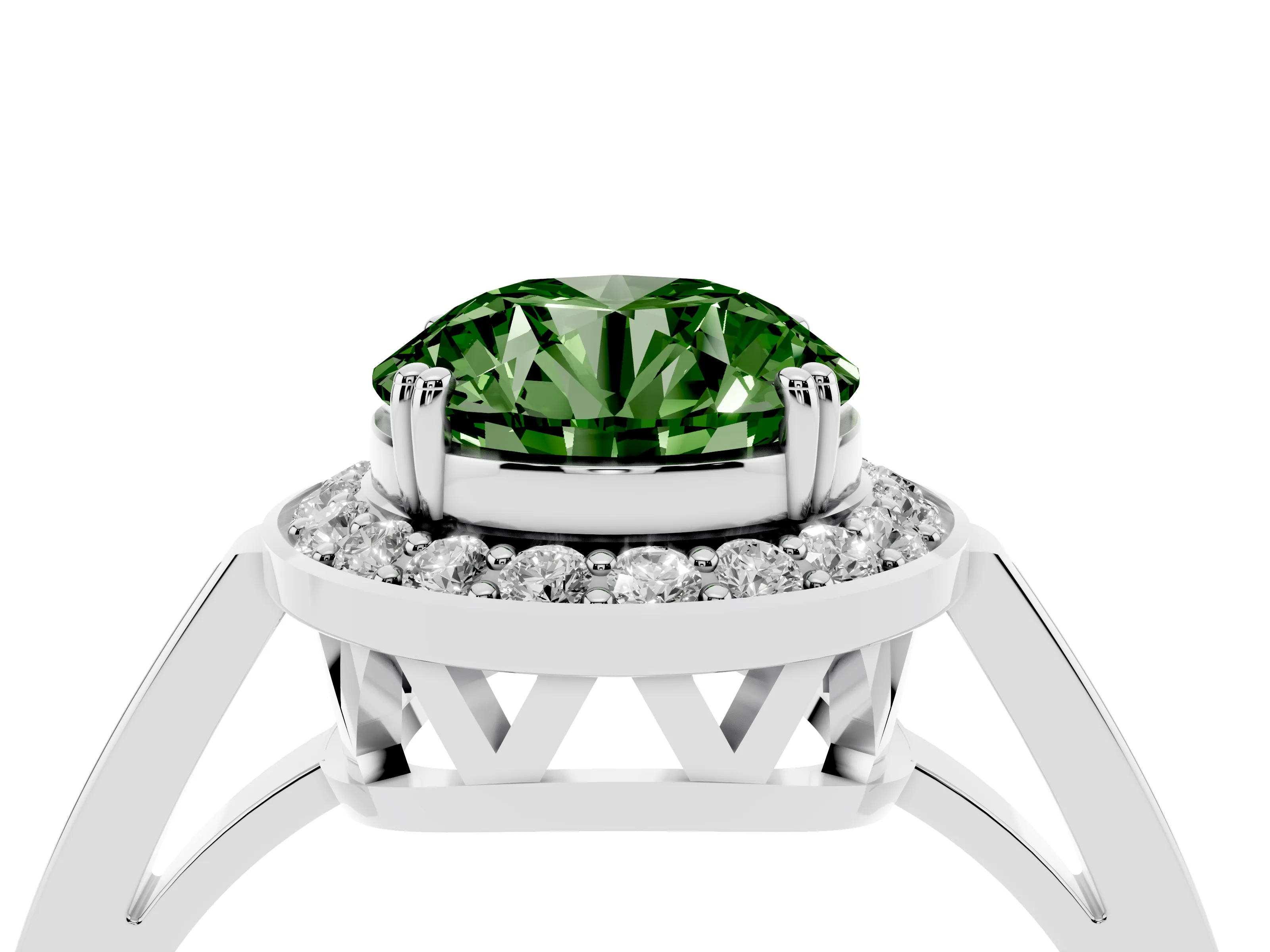 Fancy Green Round Cut Diamond Halo Ring Set in Silver with Accent-Lined Split Shank and Prong Setting