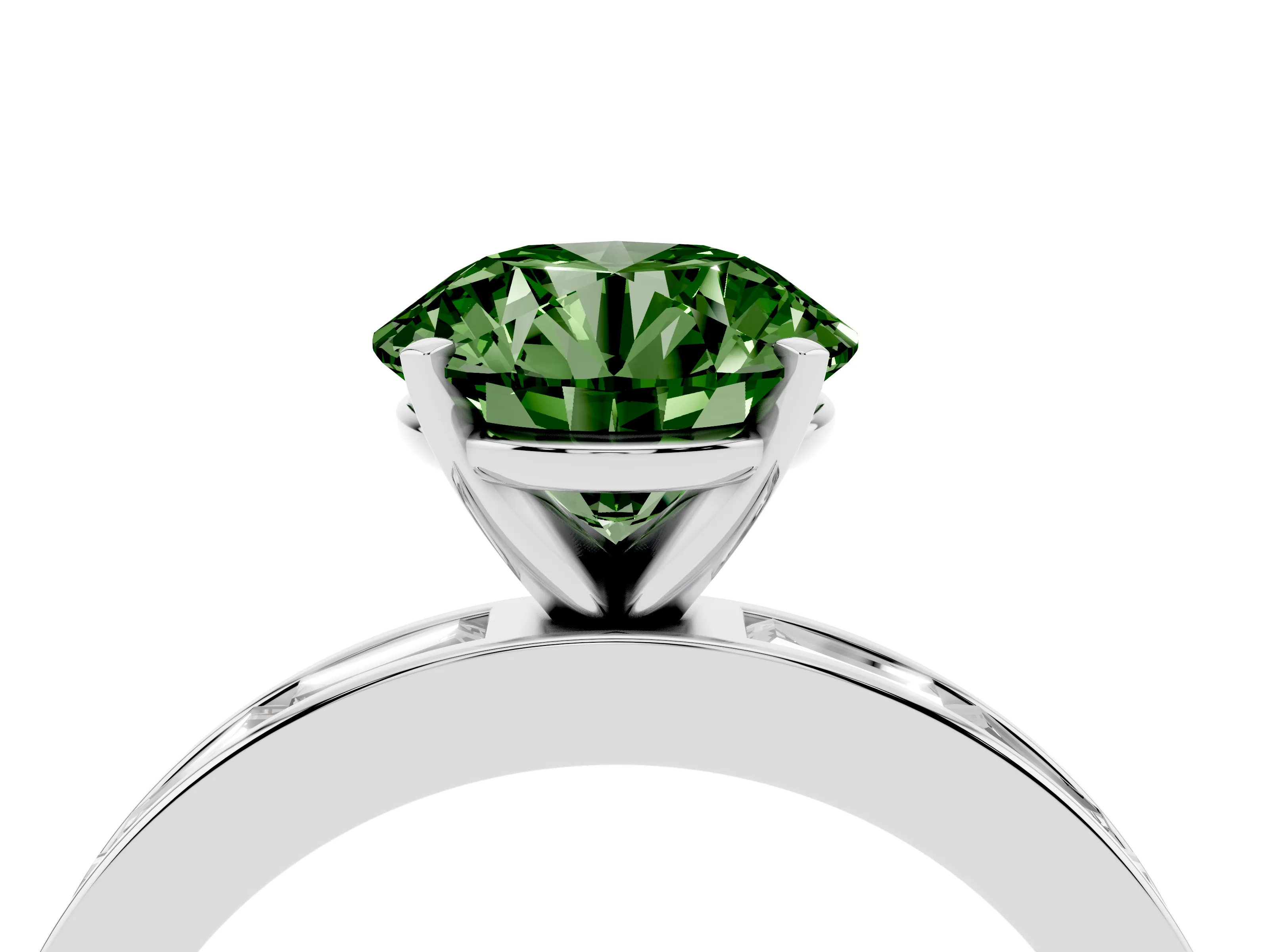 Fancy Green Round Cut Diamond Solitaire Ring Set in Platinum with Channel-Set Baguette Band and Prong Setting