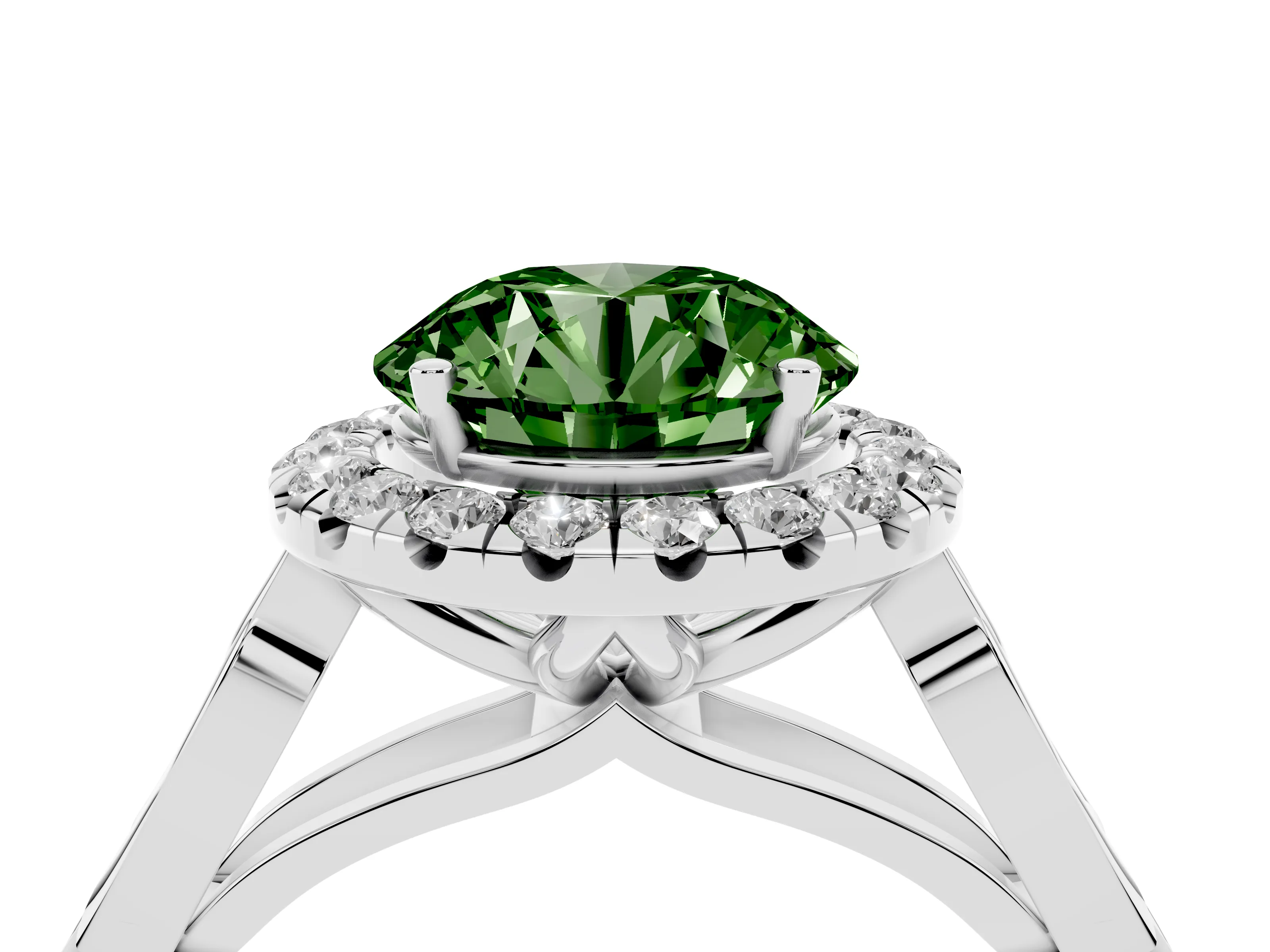Fancy Green Round Cut Diamond Halo Engagement Ring Set in Silver with Filigree Band and Prong-Set Center