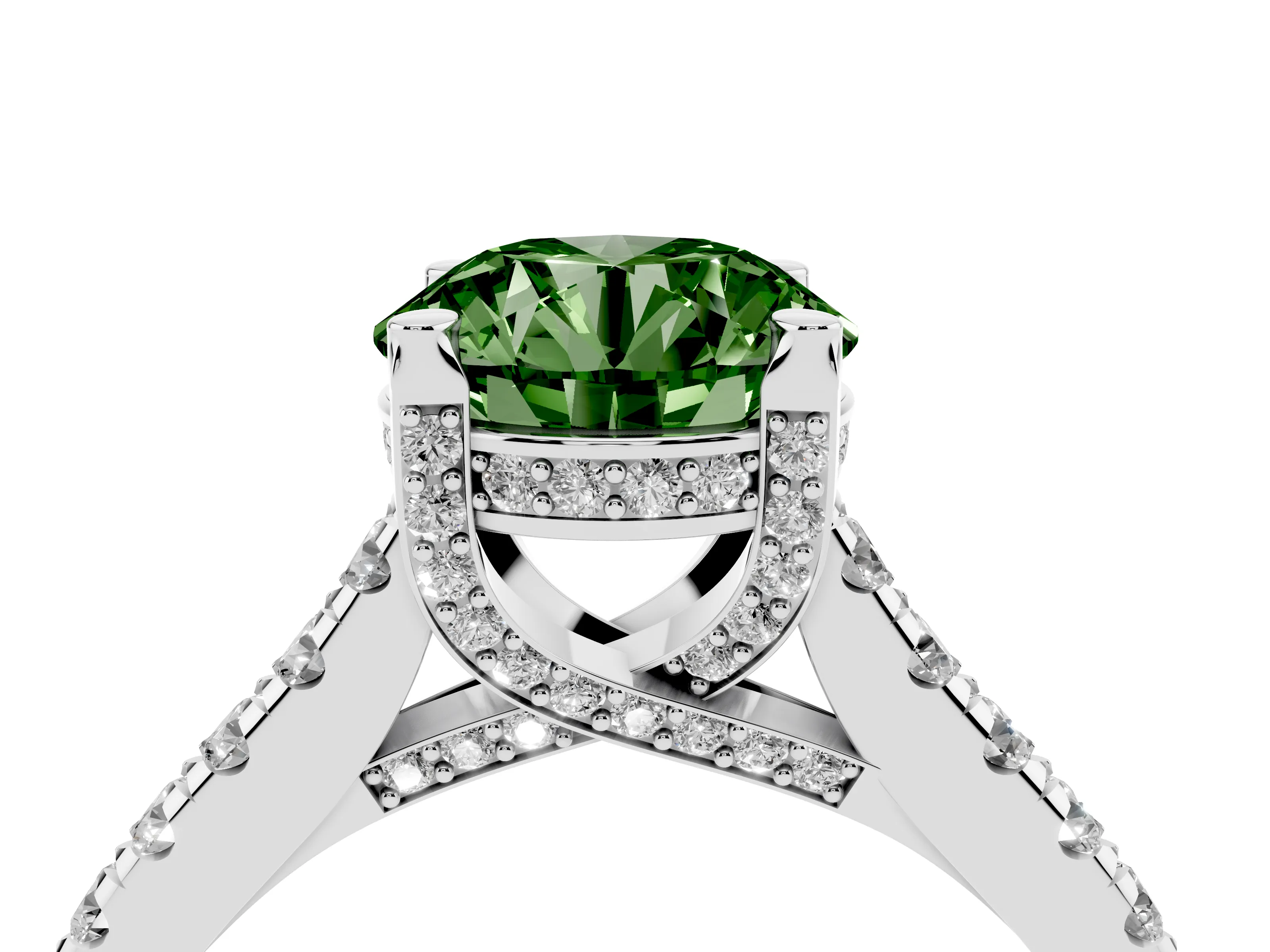 Fancy Green Round Cut Diamond Solitaire Ring Set in Platinum with Brilliant Pavé Band and Prong Setting