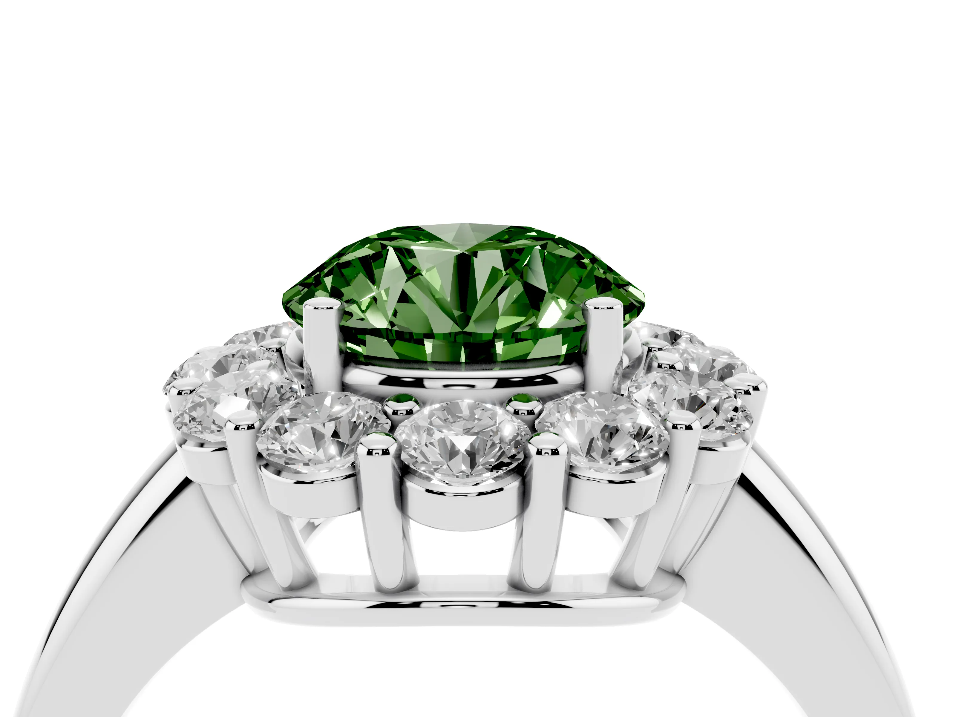 Fancy Green Round Cut Diamond Halo Cluster Engagement Ring Set in White gold with Polished Band and Prong Setting