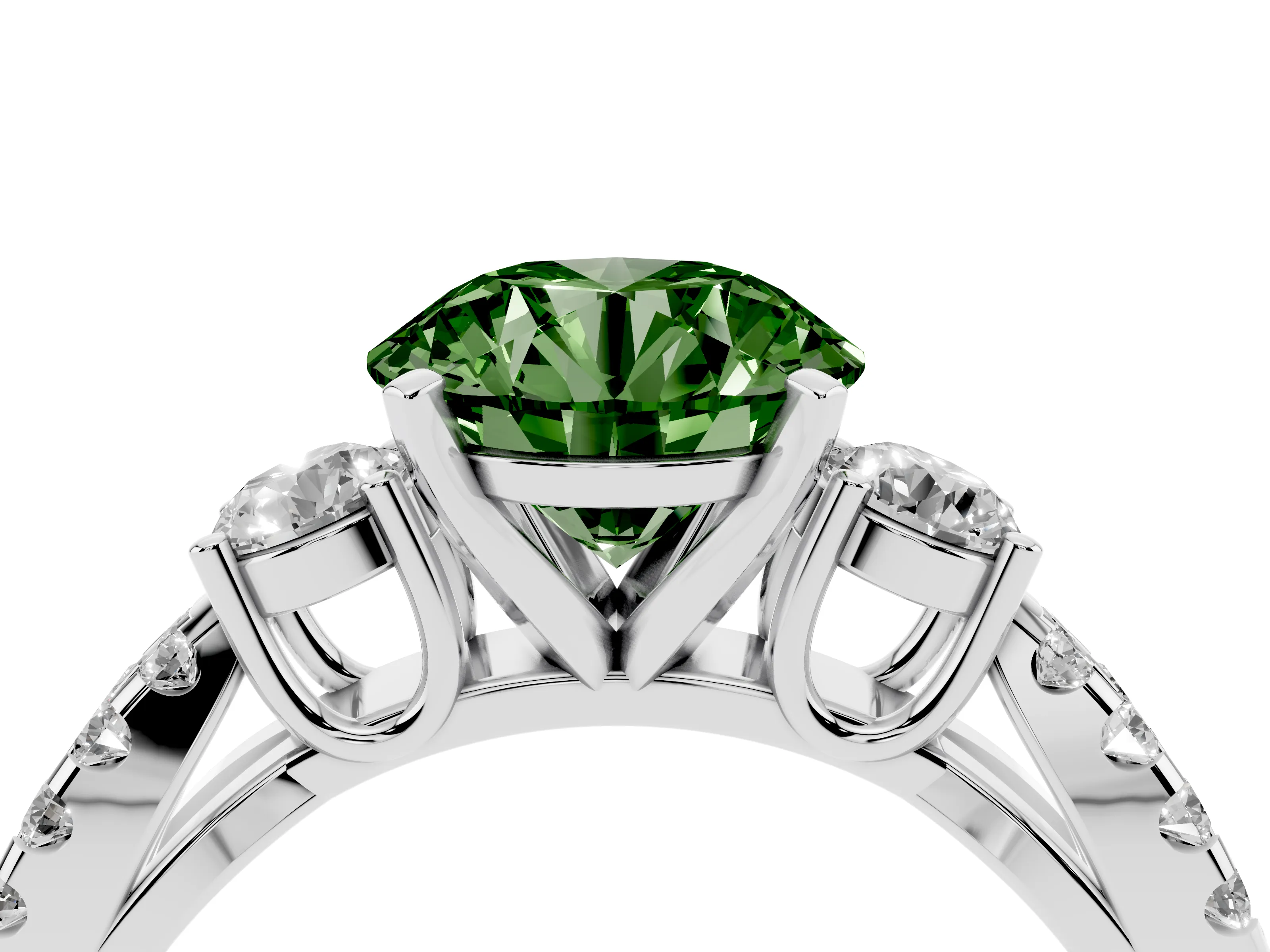 Fancy Green Round Cut Diamond Three-Stone Ring Set in Platinum with Pavé Split Shank and Prong Setting