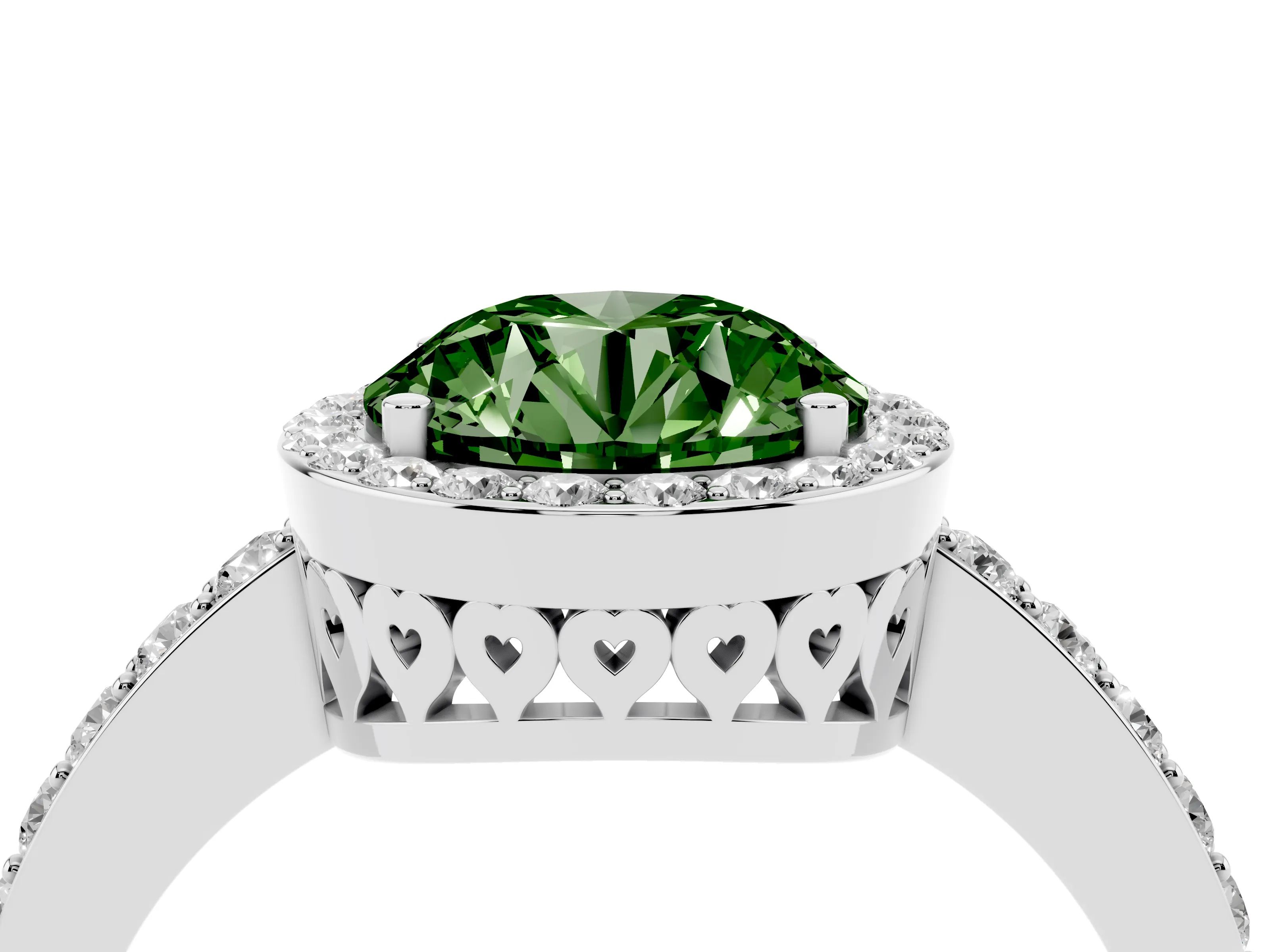 Fancy Green Round Cut Diamond Halo Ring Set in White gold with Pavé-Setting Band and Open Prong Center