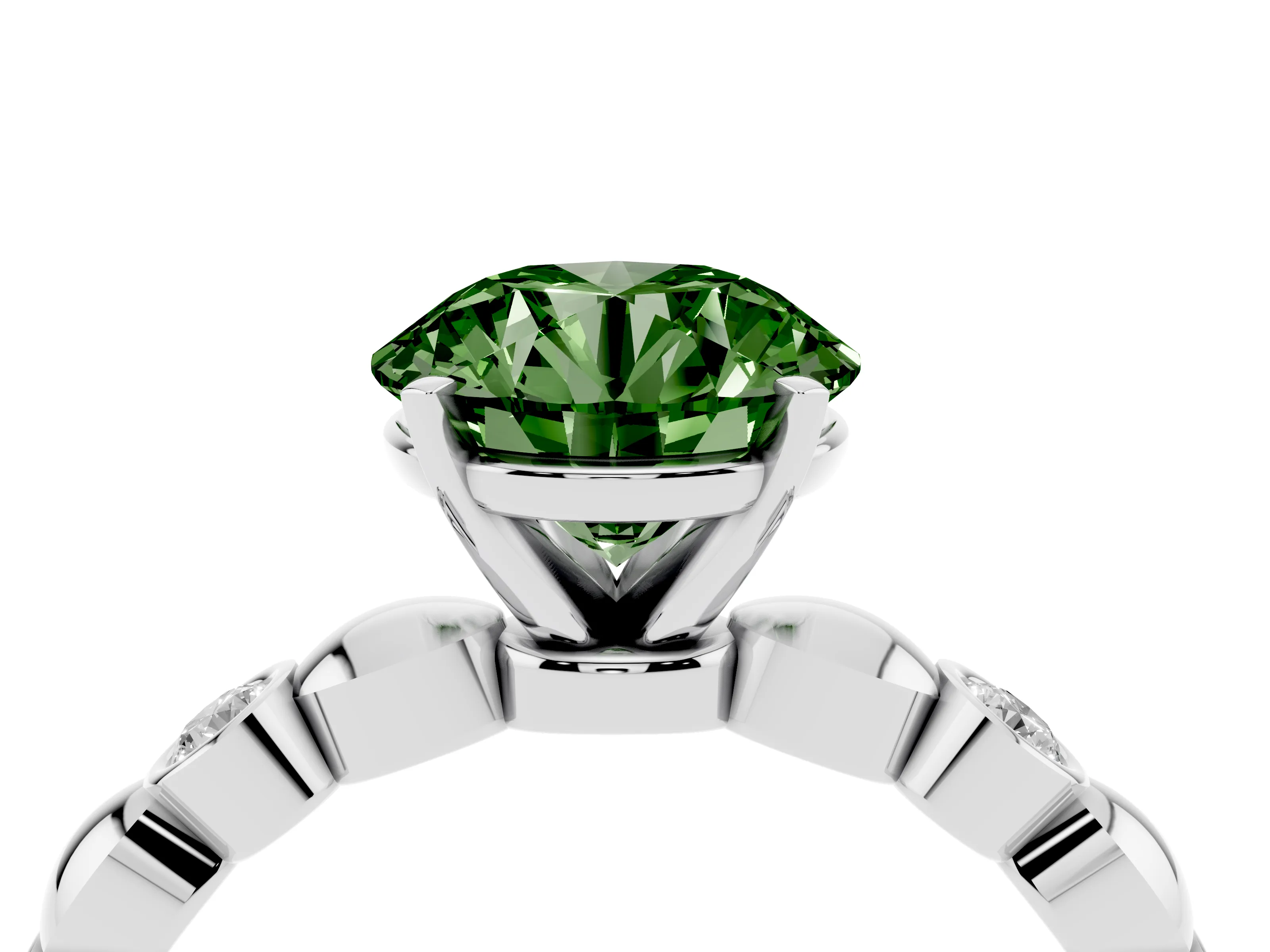 Fancy Green Round Cut Diamond Solitaire Ring Set in Silver with Bezel-Set Accents on Beaded Band and Prong Setting