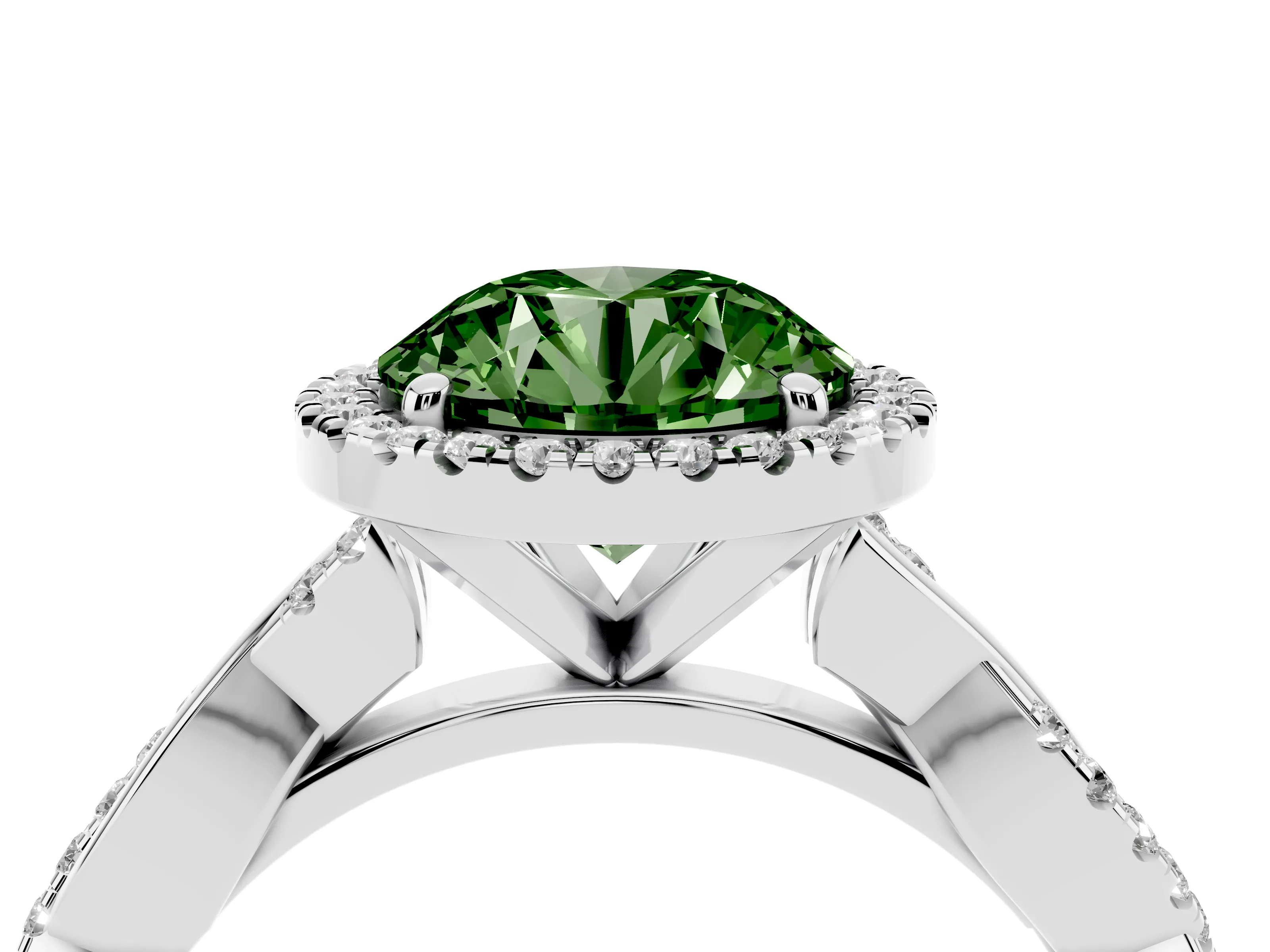 Fancy Green Round Cut Diamond Halo Twisted Band Ring Set in White gold with Prong Setting