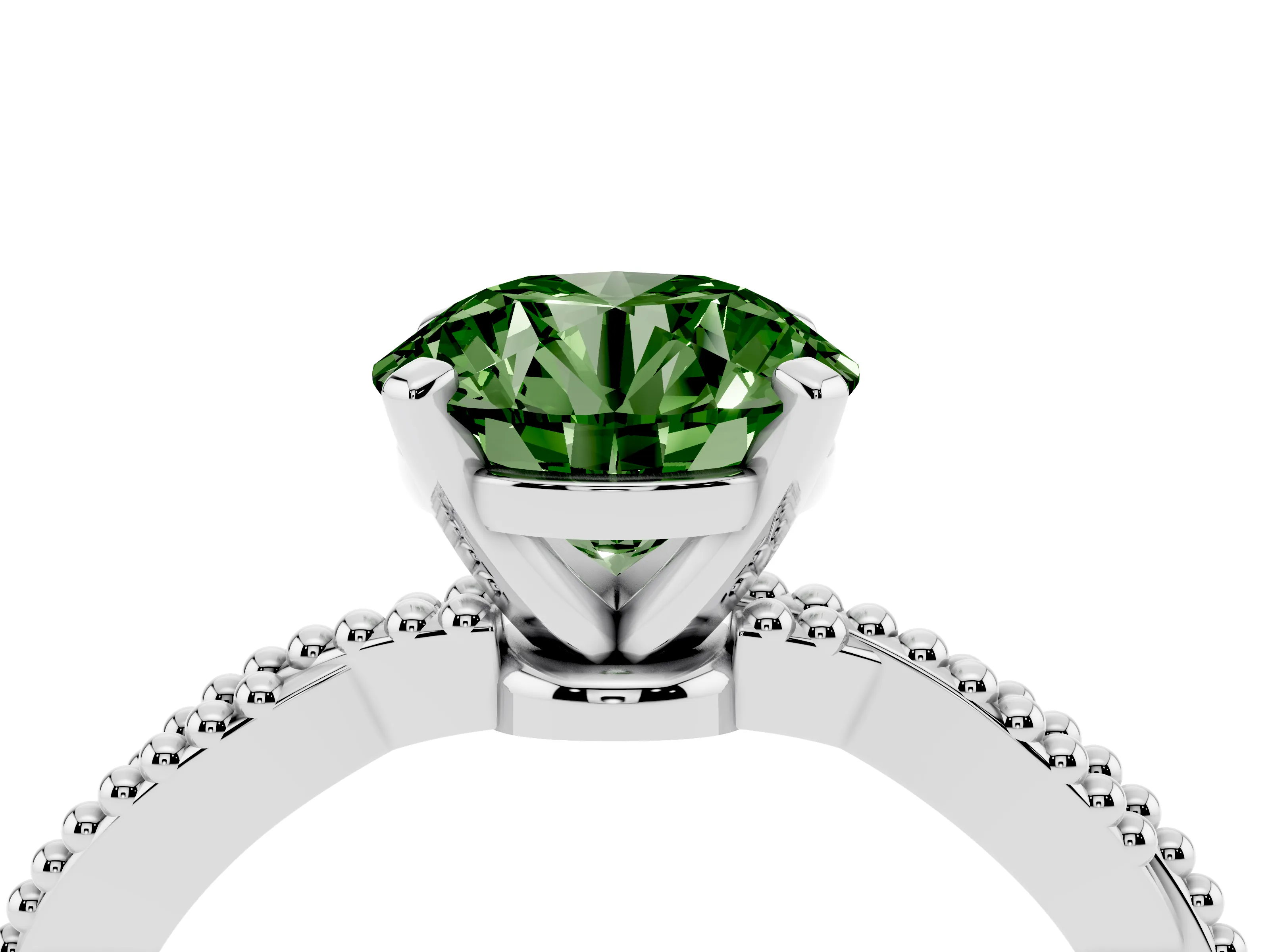 Fancy Green Round Cut Diamond Solitaire Ring Set in White gold with Twisted Band and Bead Prong Setting