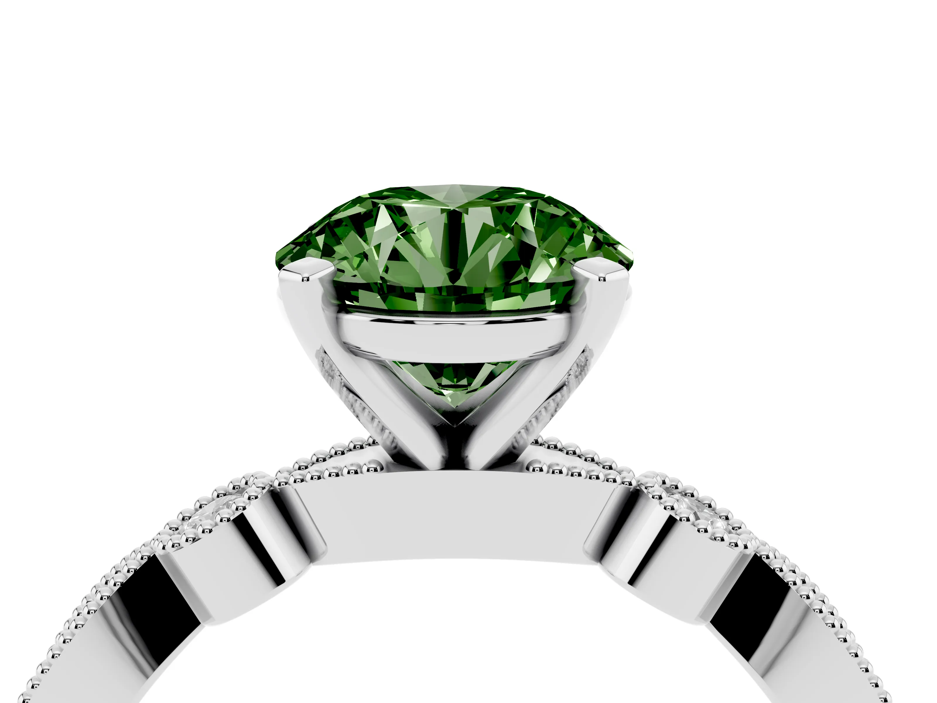 Fancy Green Round Cut Diamond Solitaire Engagement Ring Set in Silver with Milgrain Bezel Accent Band