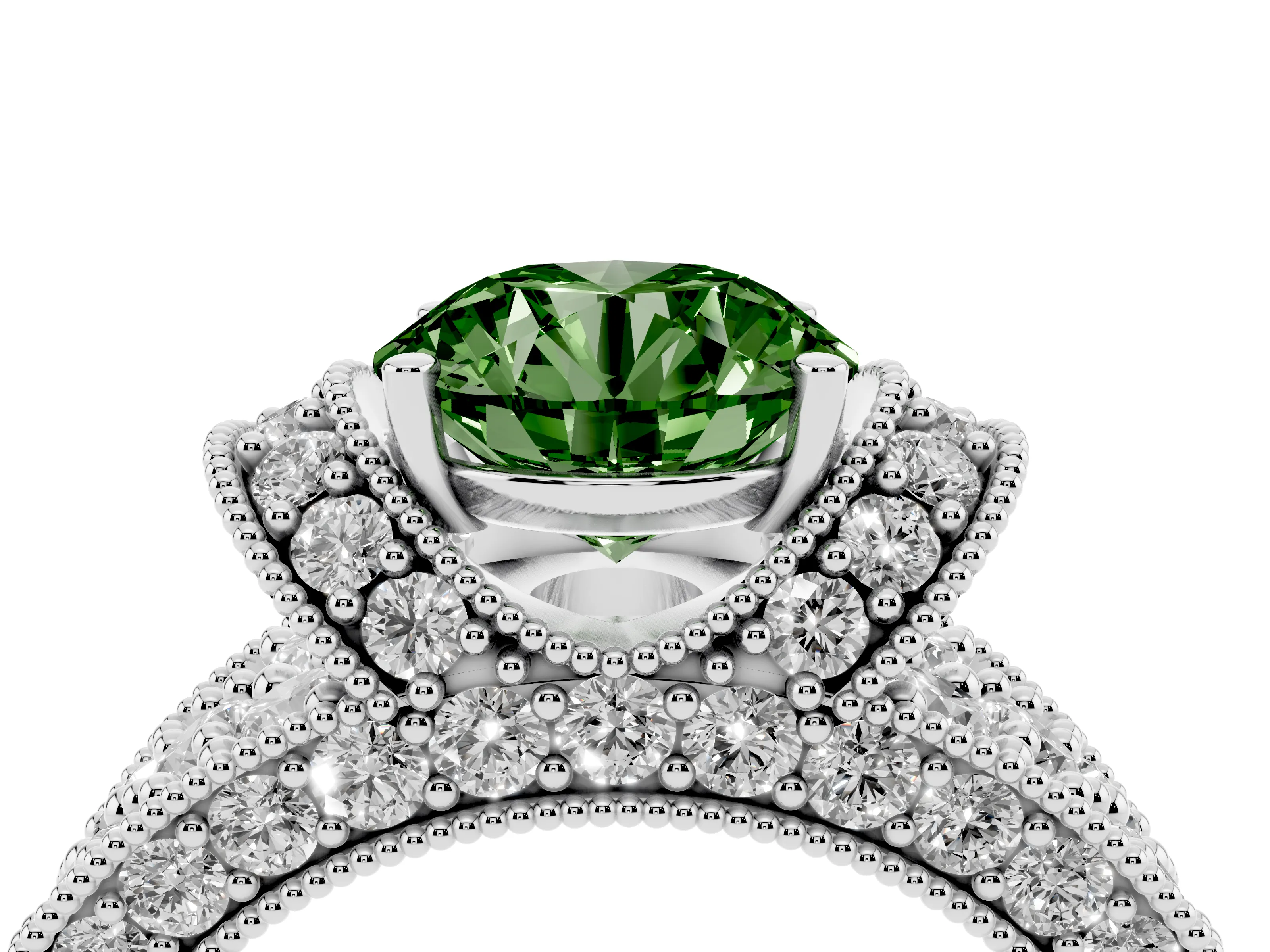 Fancy Green Round Cut Diamond Milgrain Halo Pavé Engagement Ring Set in Silver with Prong Setting