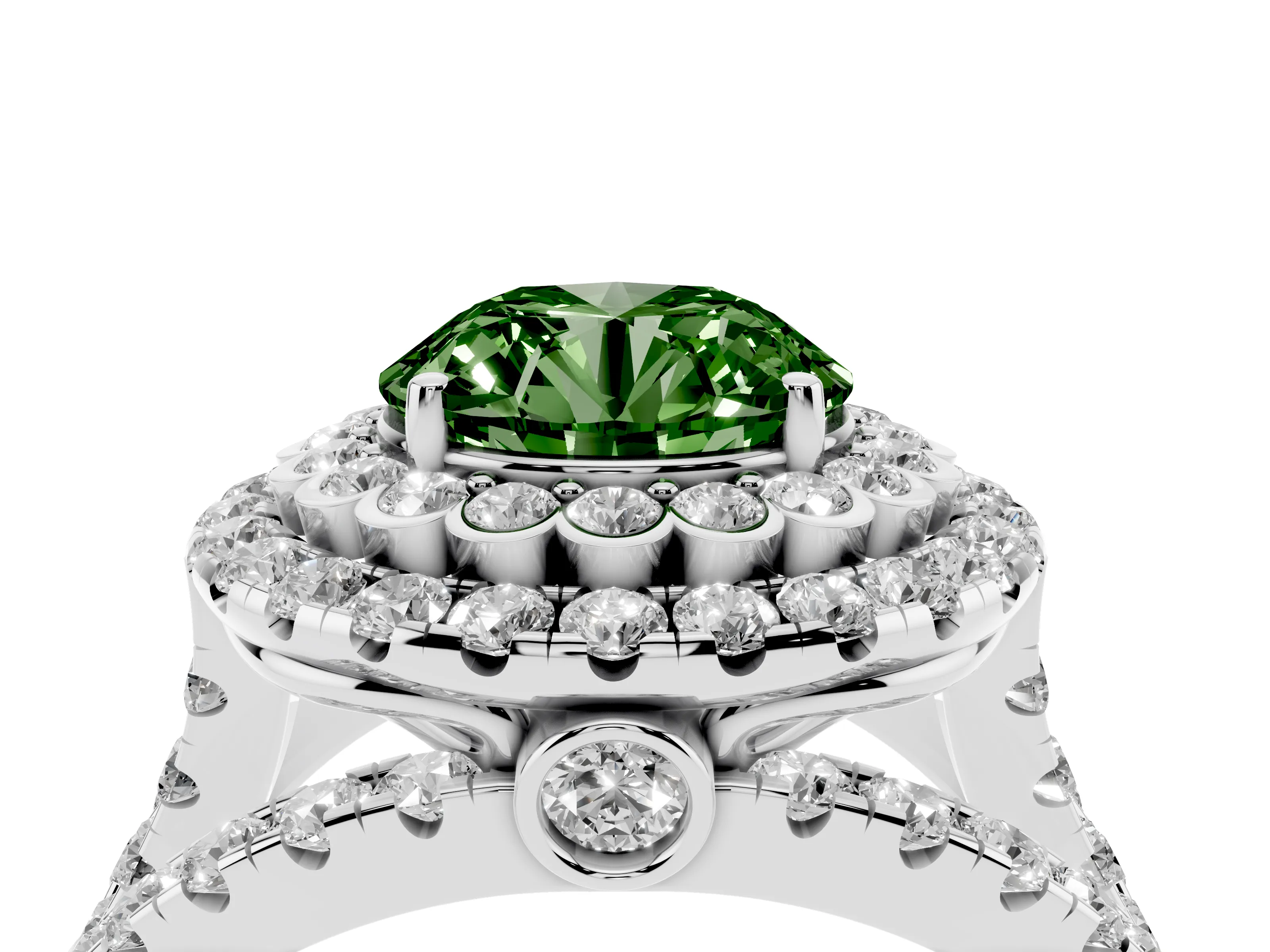 Fancy Green Round Cut Diamond Double Halo Ring Set in Silver with Round Pavé Split Shank