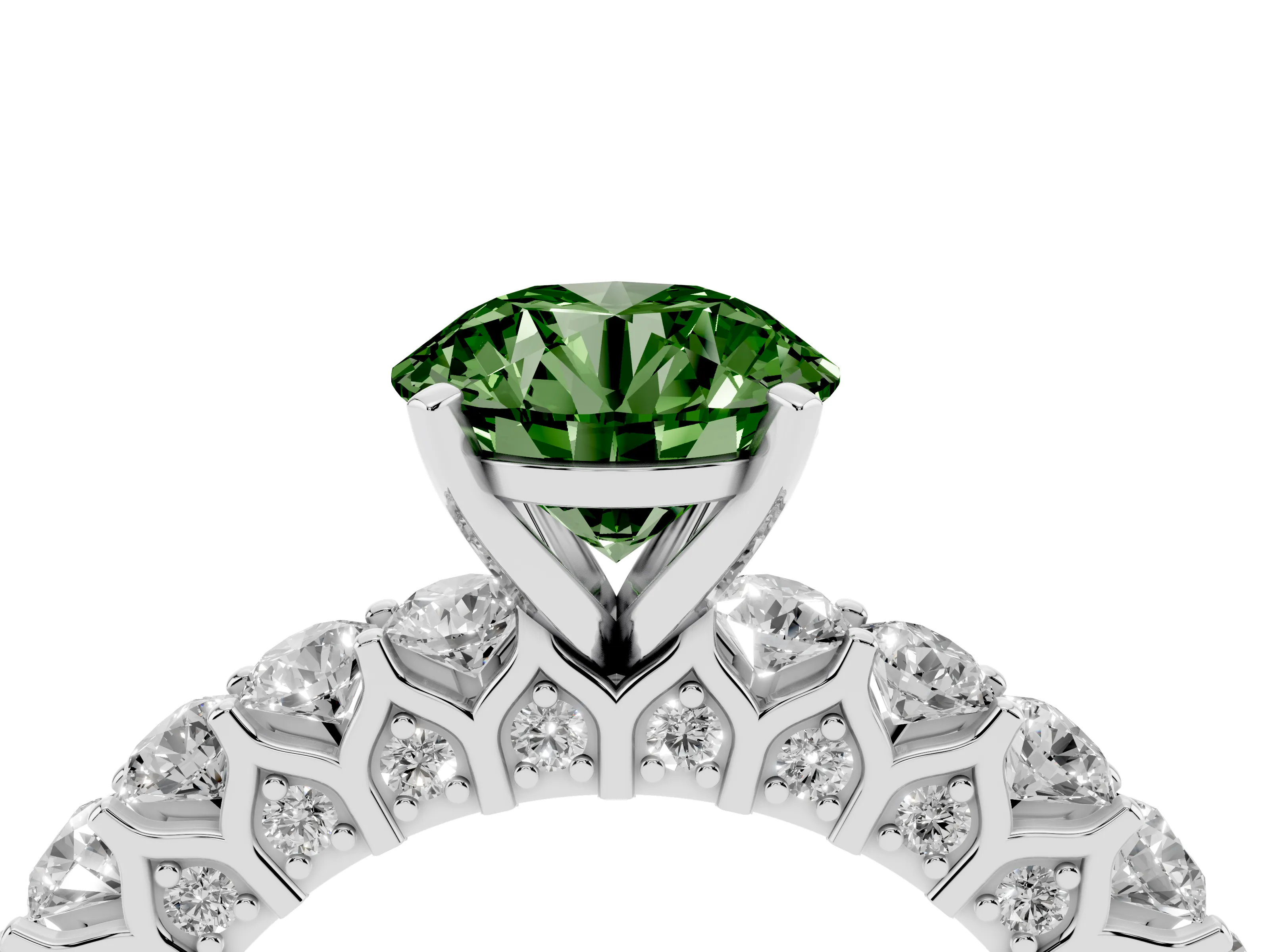 Fancy Green Round Cut Diamond Solitaire Ring Set in Silver with Shared Prong Pavé Band