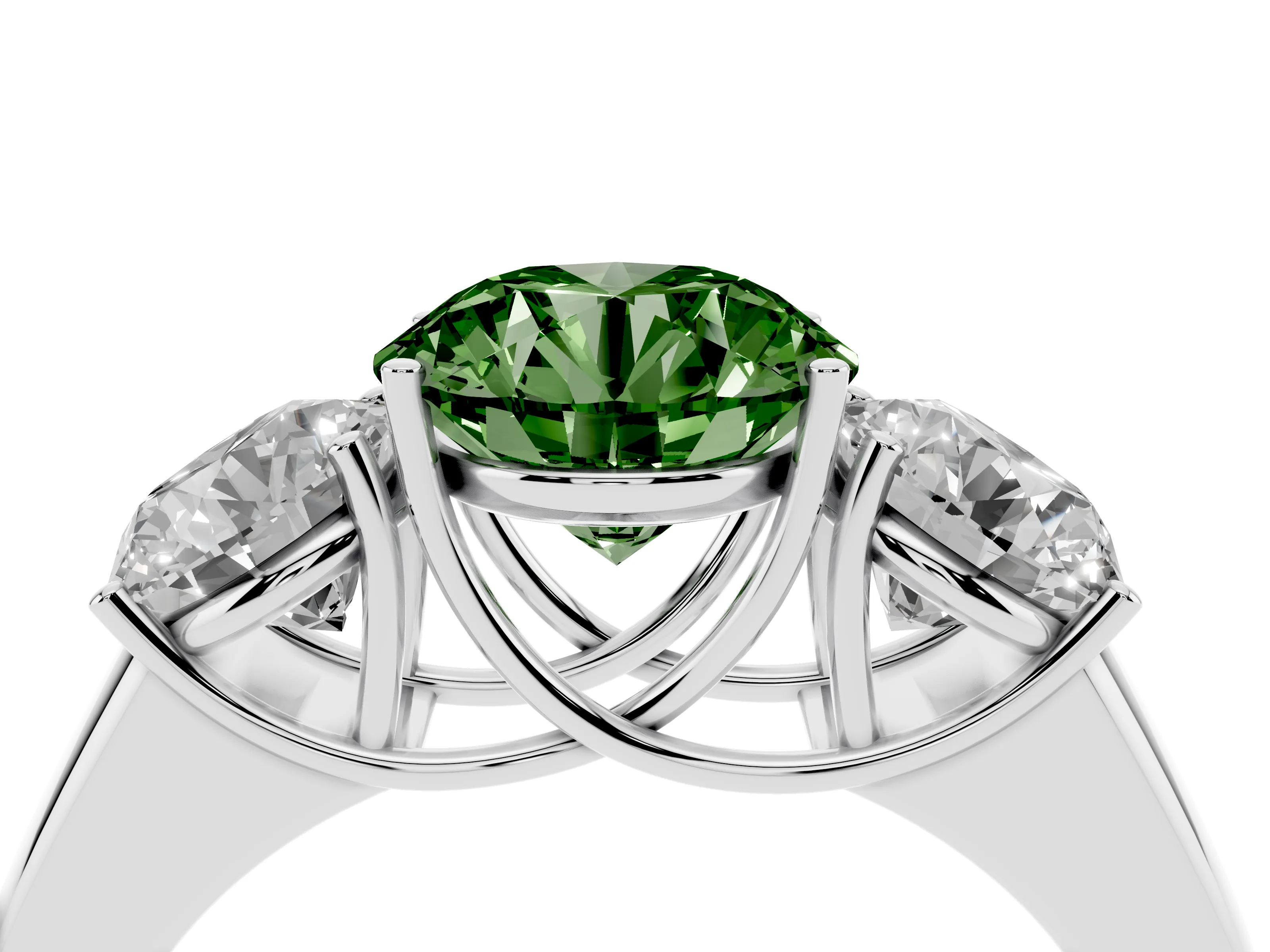 Fancy Green Three-Stone Round Cut Diamond Ring Set in Silver with Matching Prong Settings and Plain Band