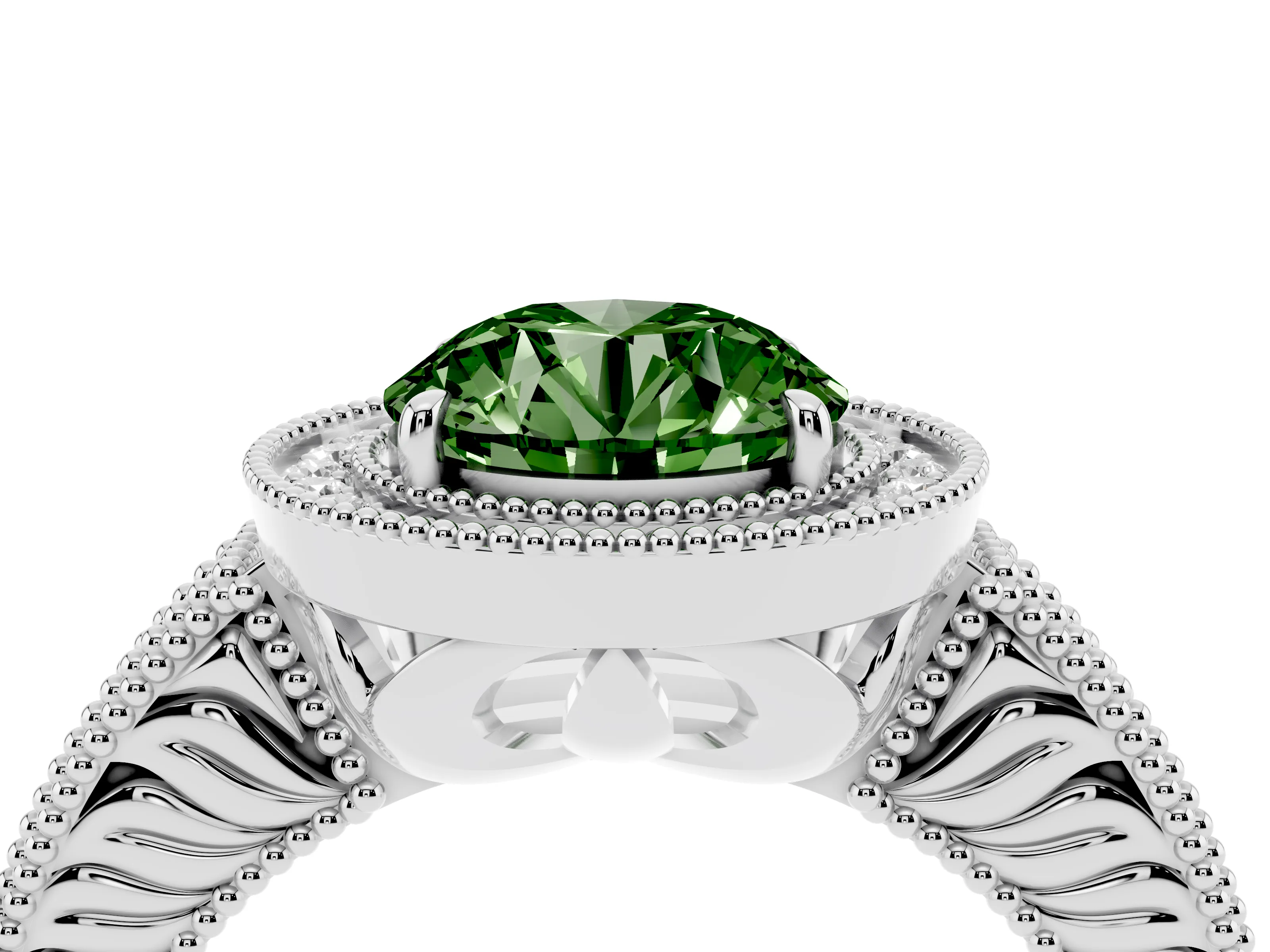 Fancy Green Round Cut Diamond Halo Ring Set in White gold with Round Accent Halo, Pavé Band and Prong Setting