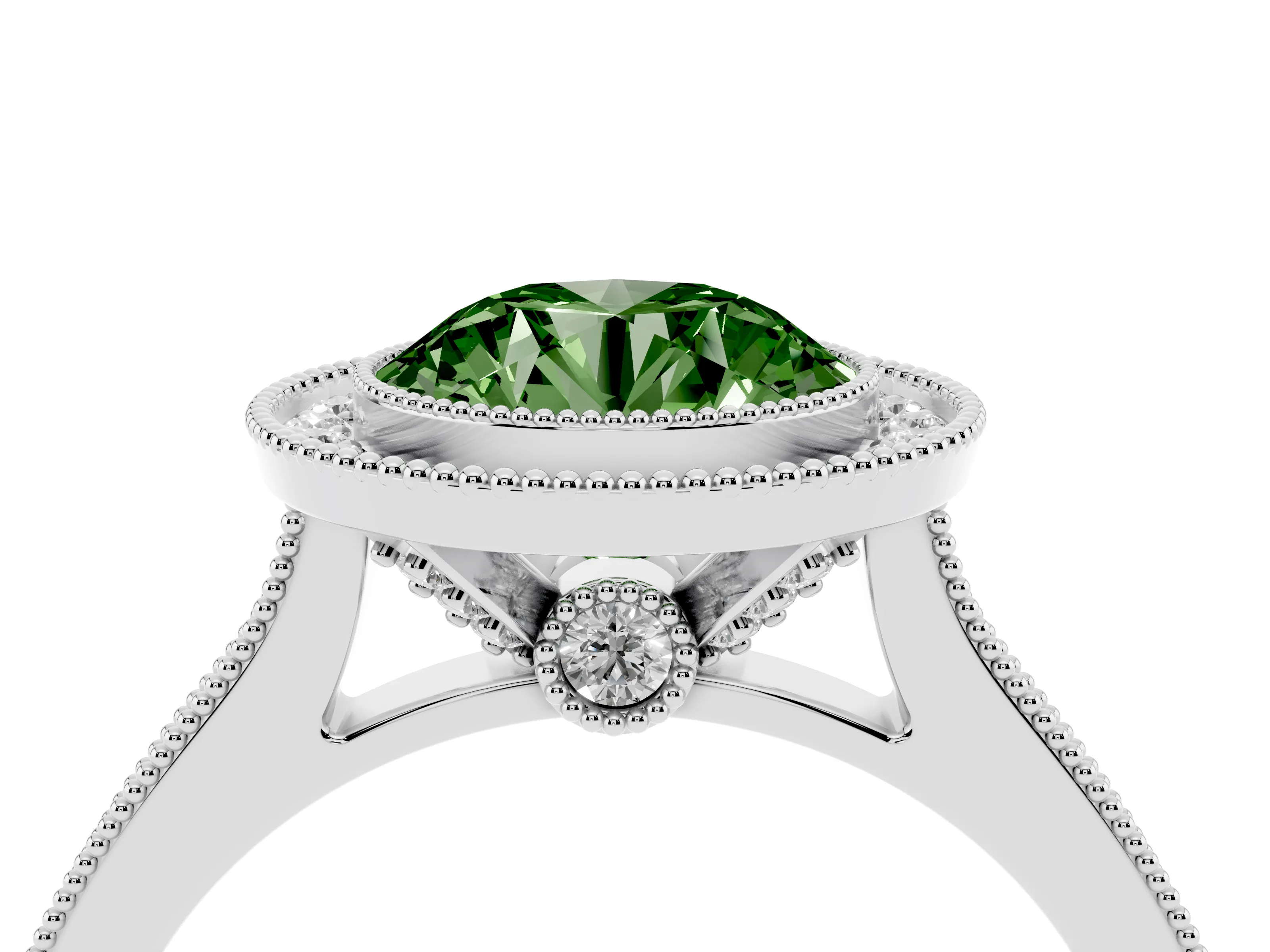 Fancy Green Round Cut Diamond Halo Milgrain Pavé Band Ring Set in Platinum with Prong Setting