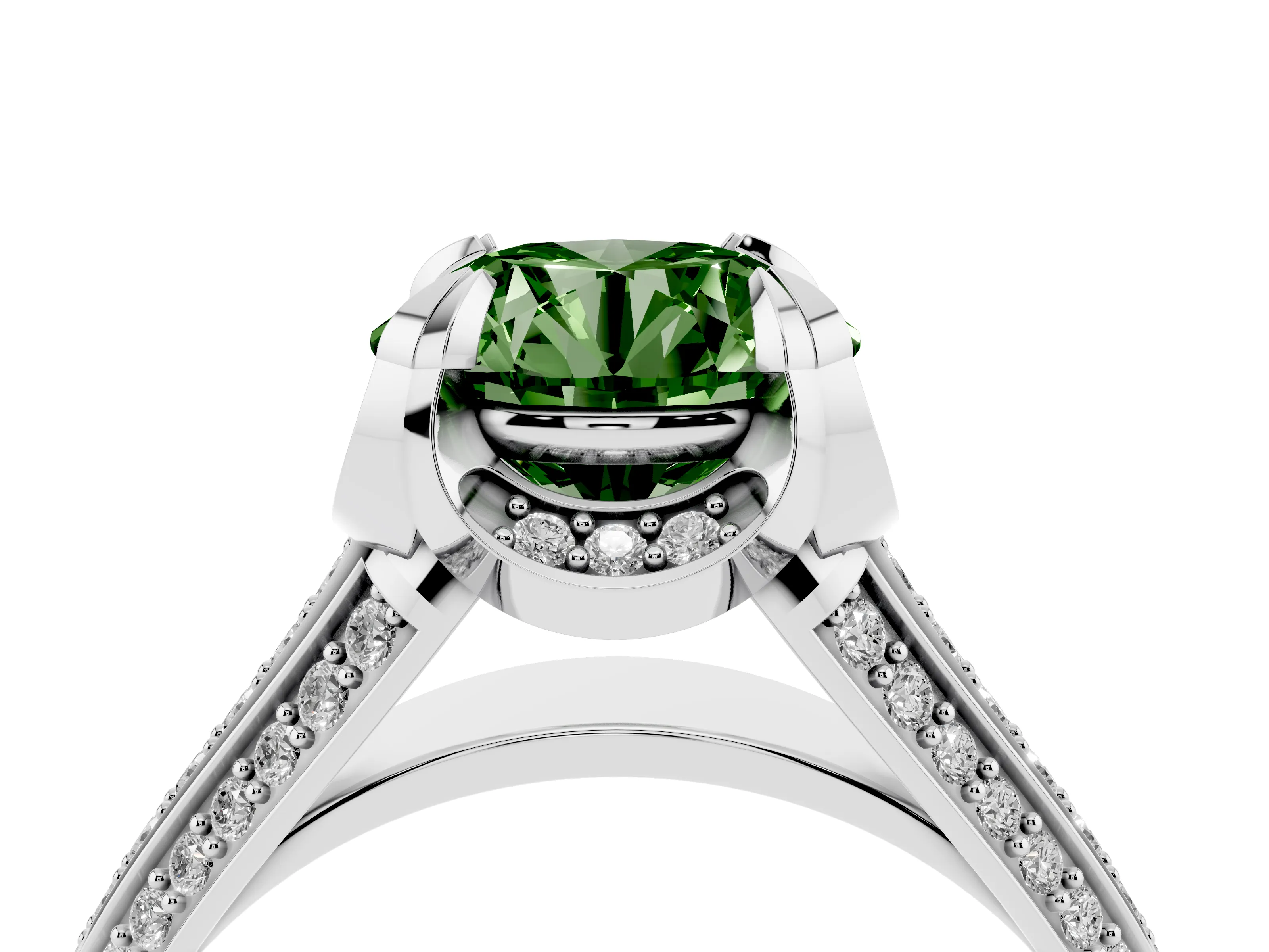 Fancy Green Round Cut Diamond Pavé Split Shank Solitaire Ring Set in Platinum with Prong Setting