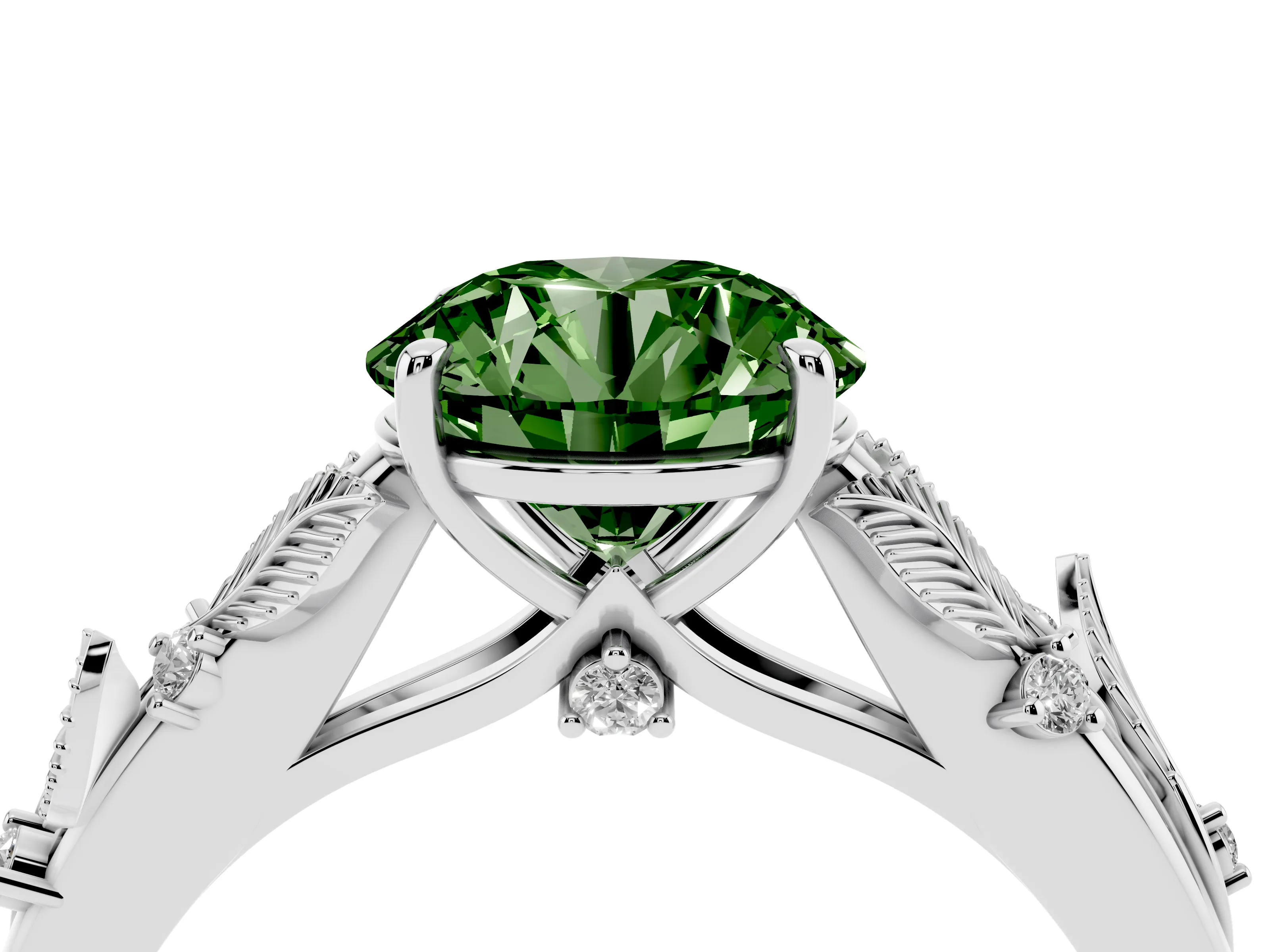 Fancy Green Round Cut Diamond Solitaire Ring Set in Silver with Leaf Motif Band