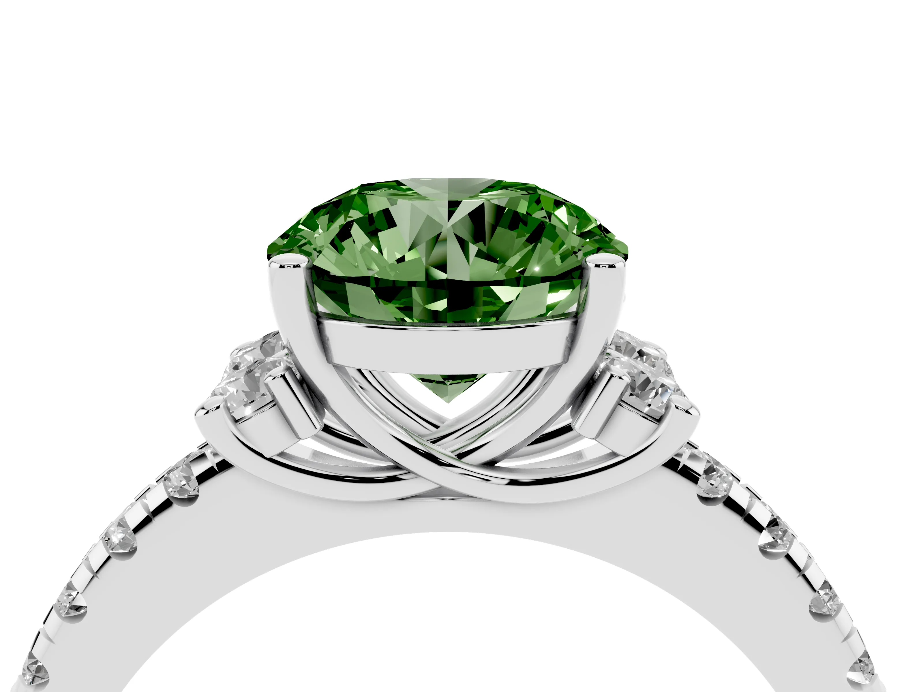 Fancy Green Round Cut Diamond Three-Stone Pavé Ring Set in White gold with Prong Setting