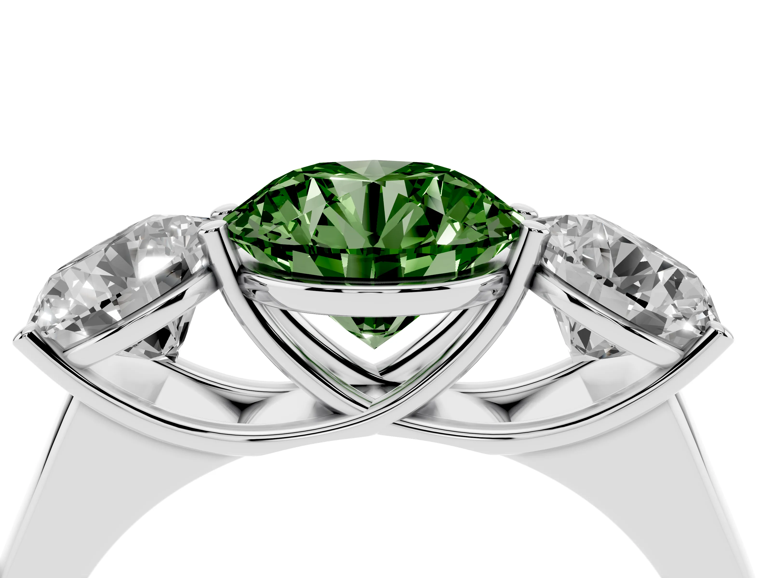 Fancy Green Round Cut Diamond Three-Stone Ring Set in Silver with Plain Polished Band