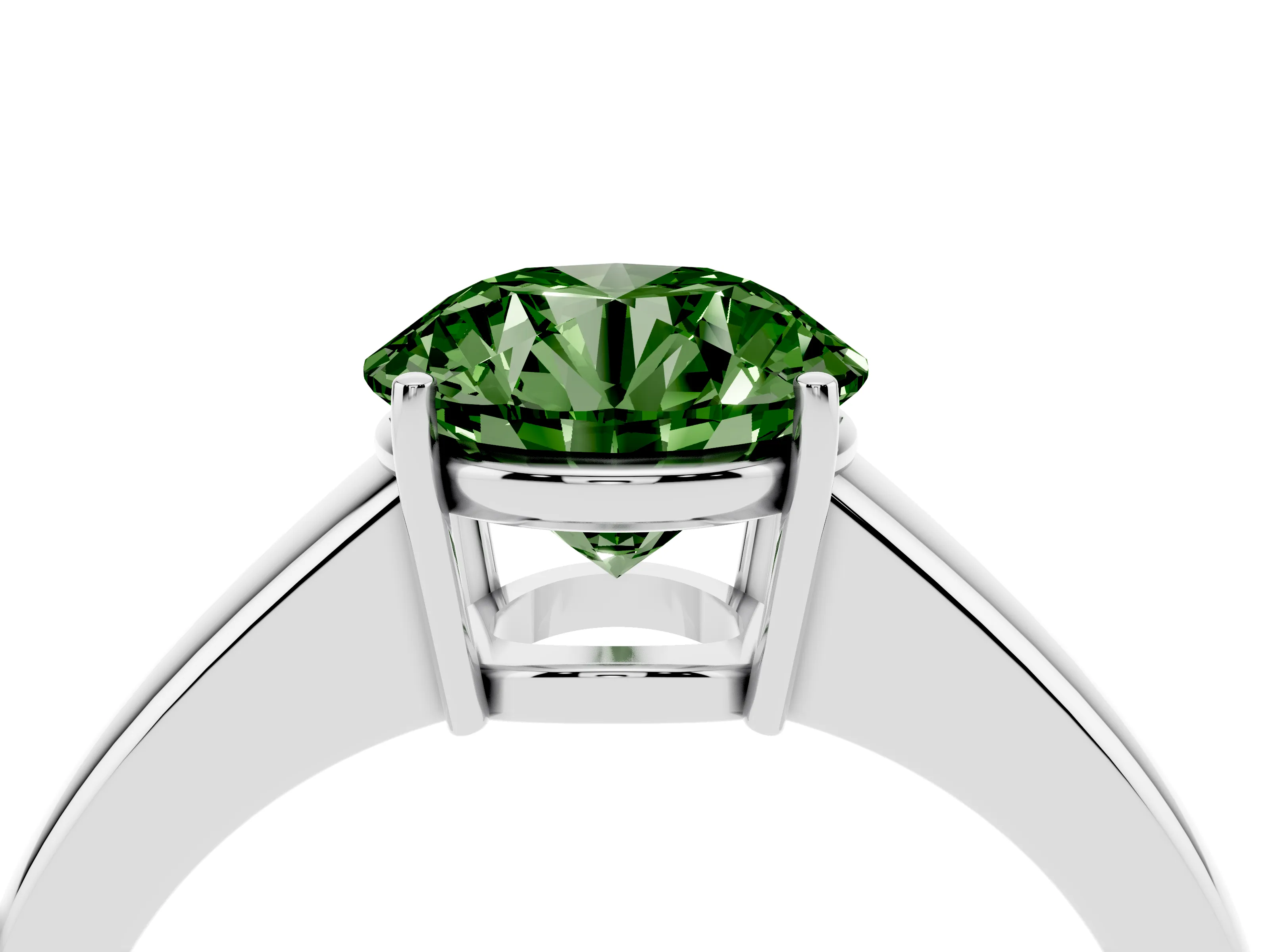 Fancy Green Round Cut Diamond Solitaire Ring Set in Silver with Tapered Band and Prong Setting