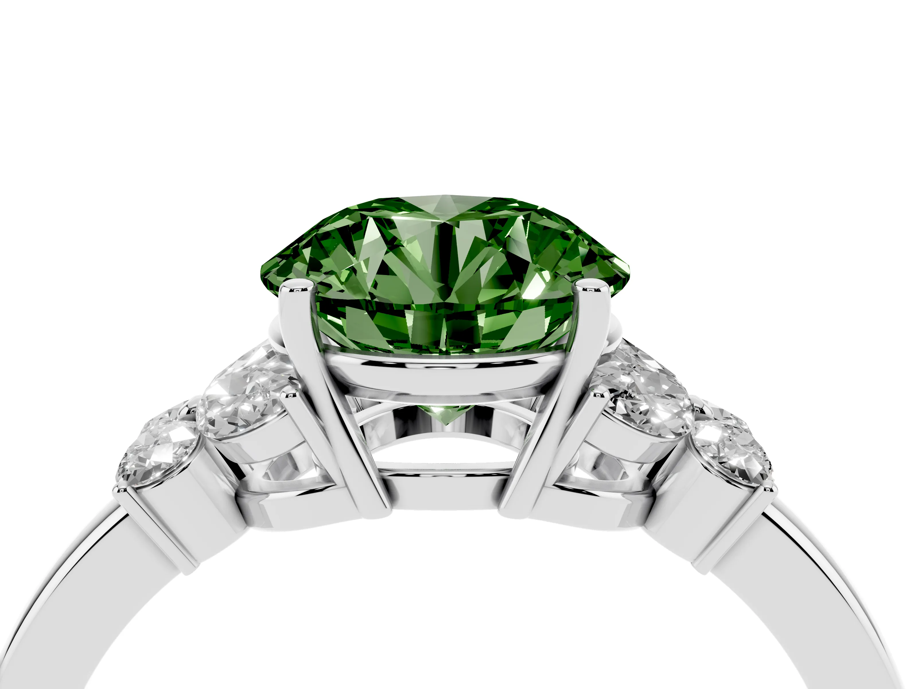 Fancy Green Round Cut Diamond Solitaire Floral Ring Set in Silver with Marquise Petals and Prong Setting