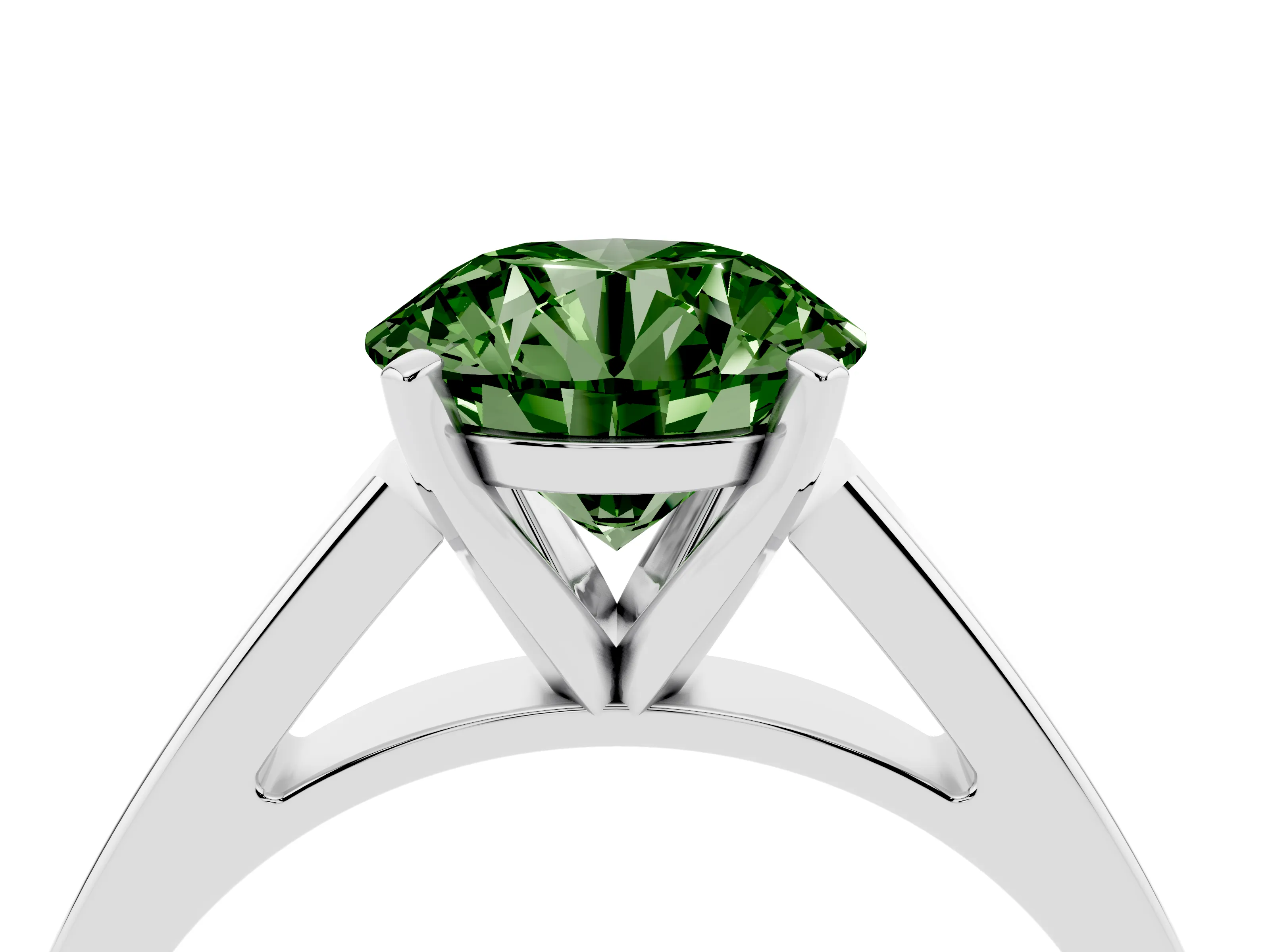 Fancy Green Round Cut Diamond Solitaire Engagement Ring Set in White gold with Prong Setting and Tapered Band