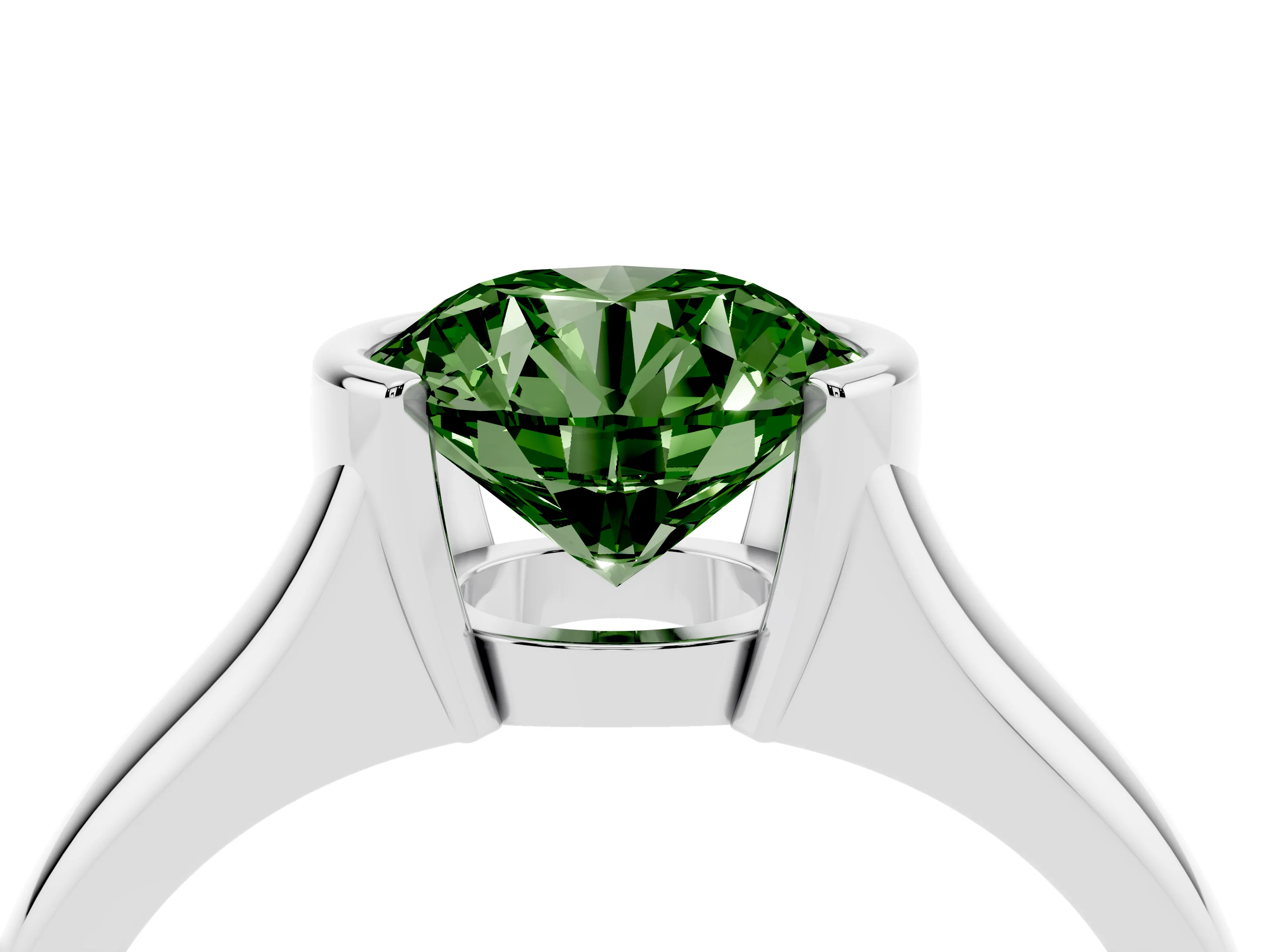 Fancy Green Round Cut Diamond Solitaire Tension Set Ring Set in Silver with Split Shank Band