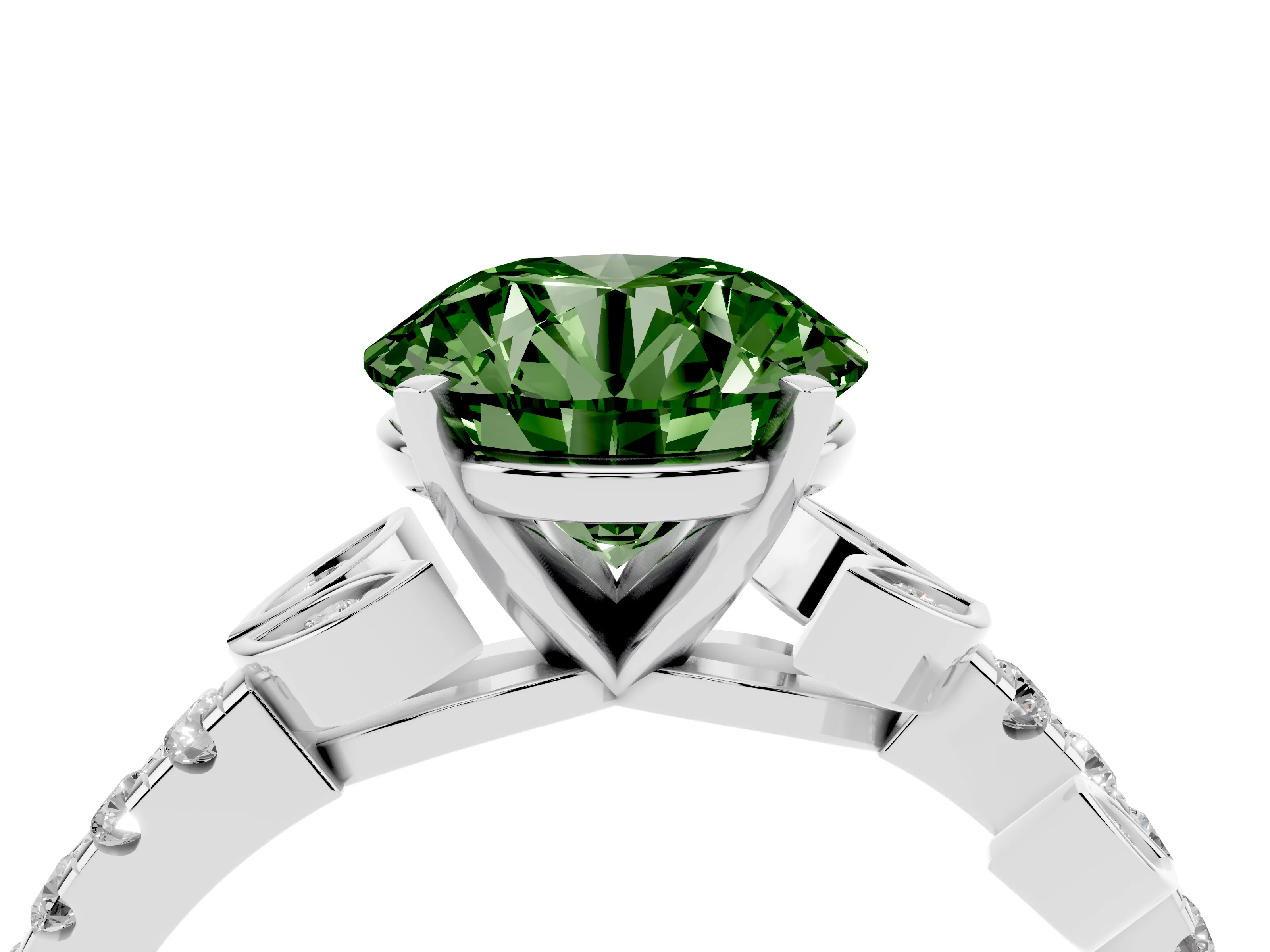 Fancy Green Round Cut Diamond Solitaire Leaf-Inspired Ring Set in Platinum with Pavé Band and Prong Setting