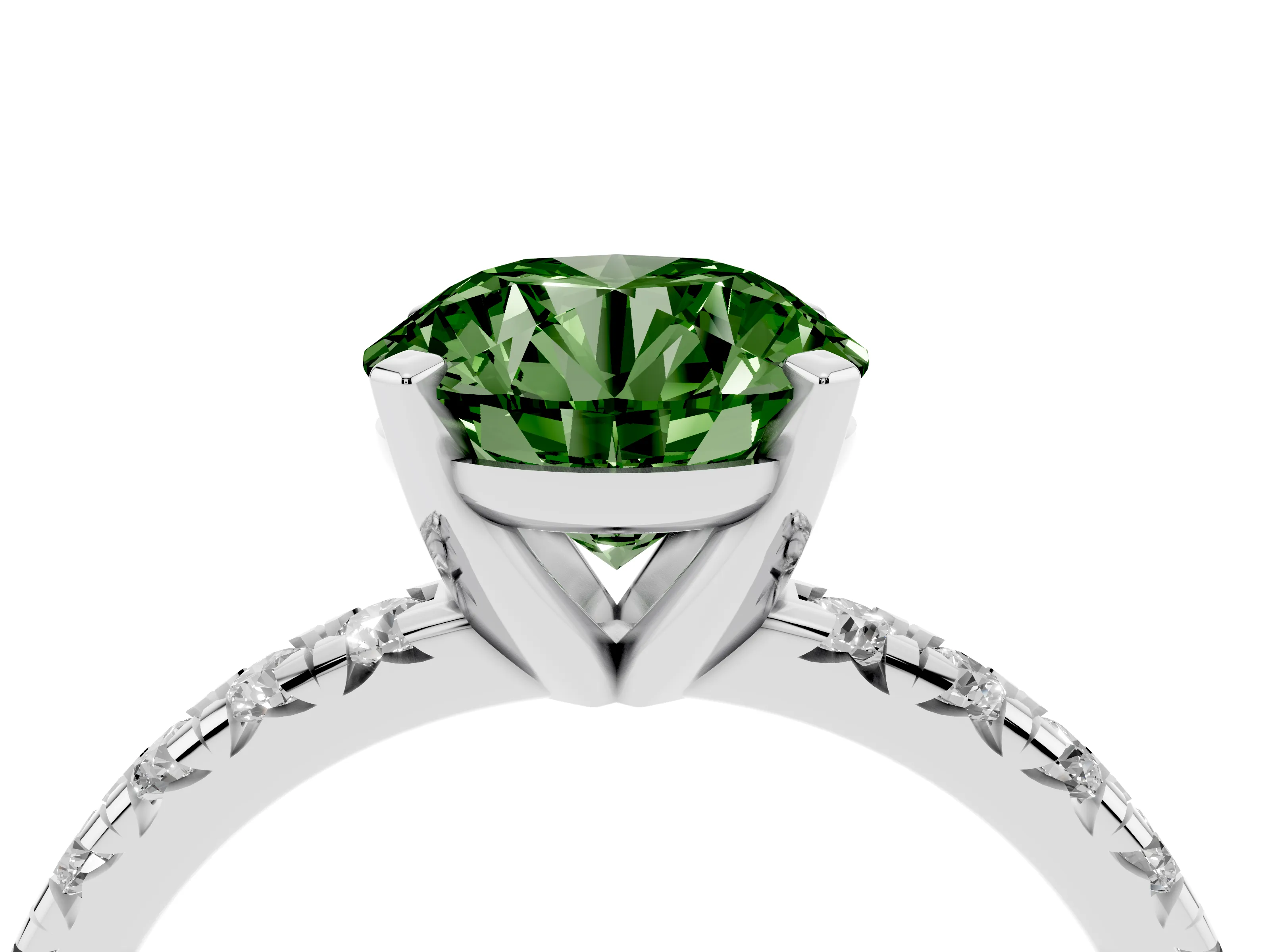 Fancy Green Round Cut Diamond Solitaire Pavé Engagement Ring Set in Silver with Round Band and Prong Setting