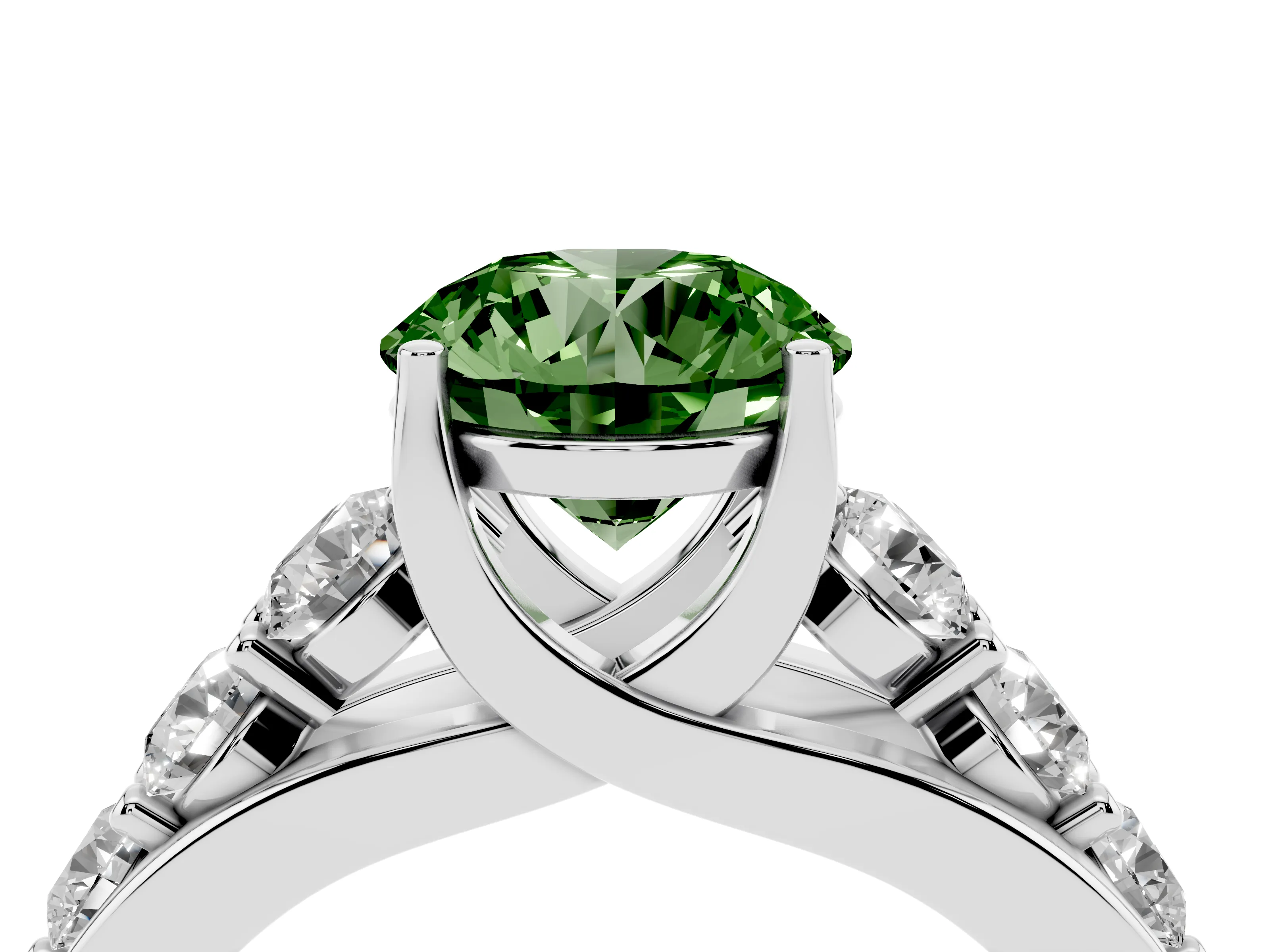 Fancy Green Round Cut Diamond Pavé Engagement Ring Set in Silver with Prong Setting