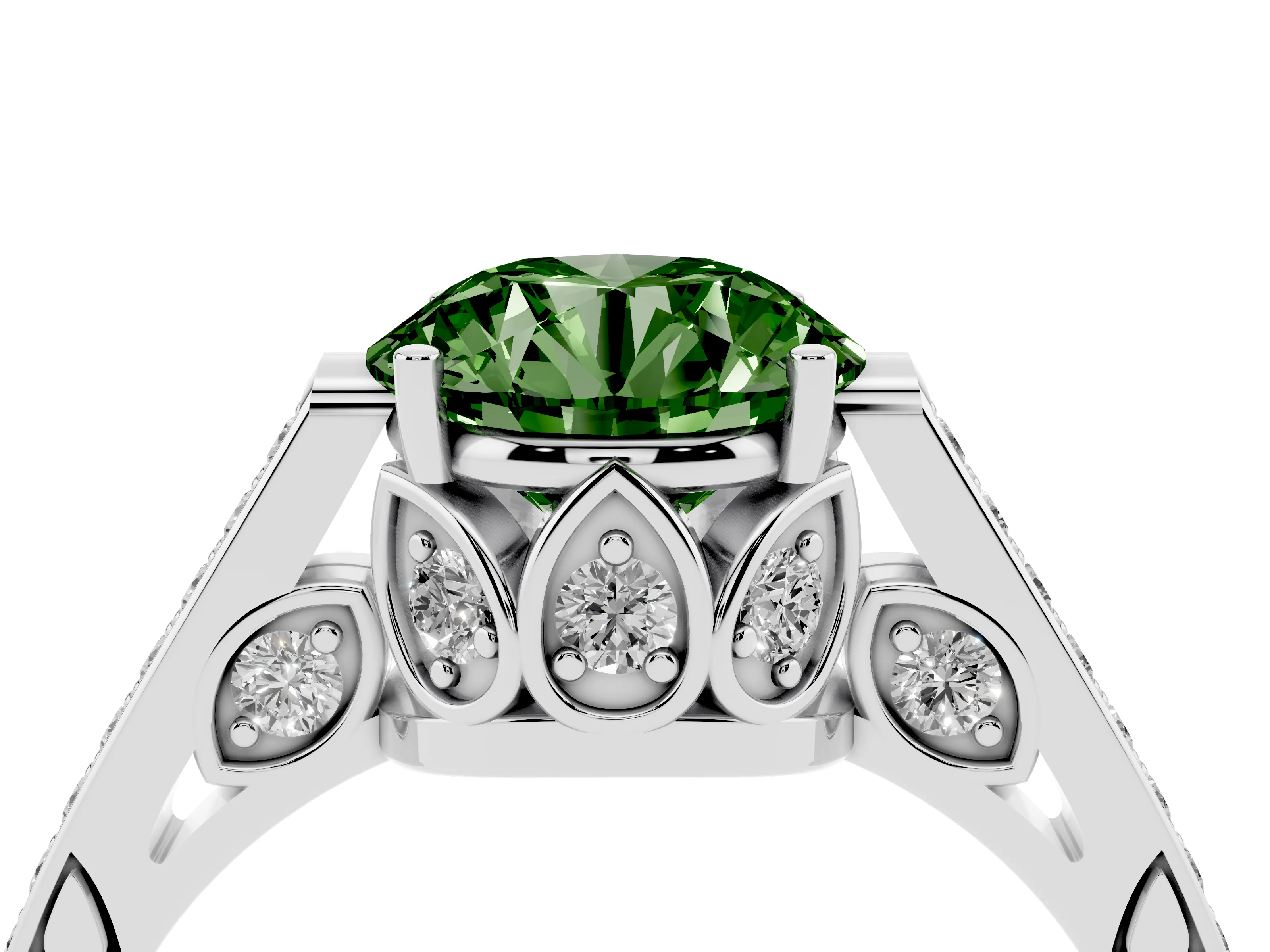Fancy Green Round Cut Diamond Cathedral Pavé Engagement Ring Set in Silver with Prong Setting