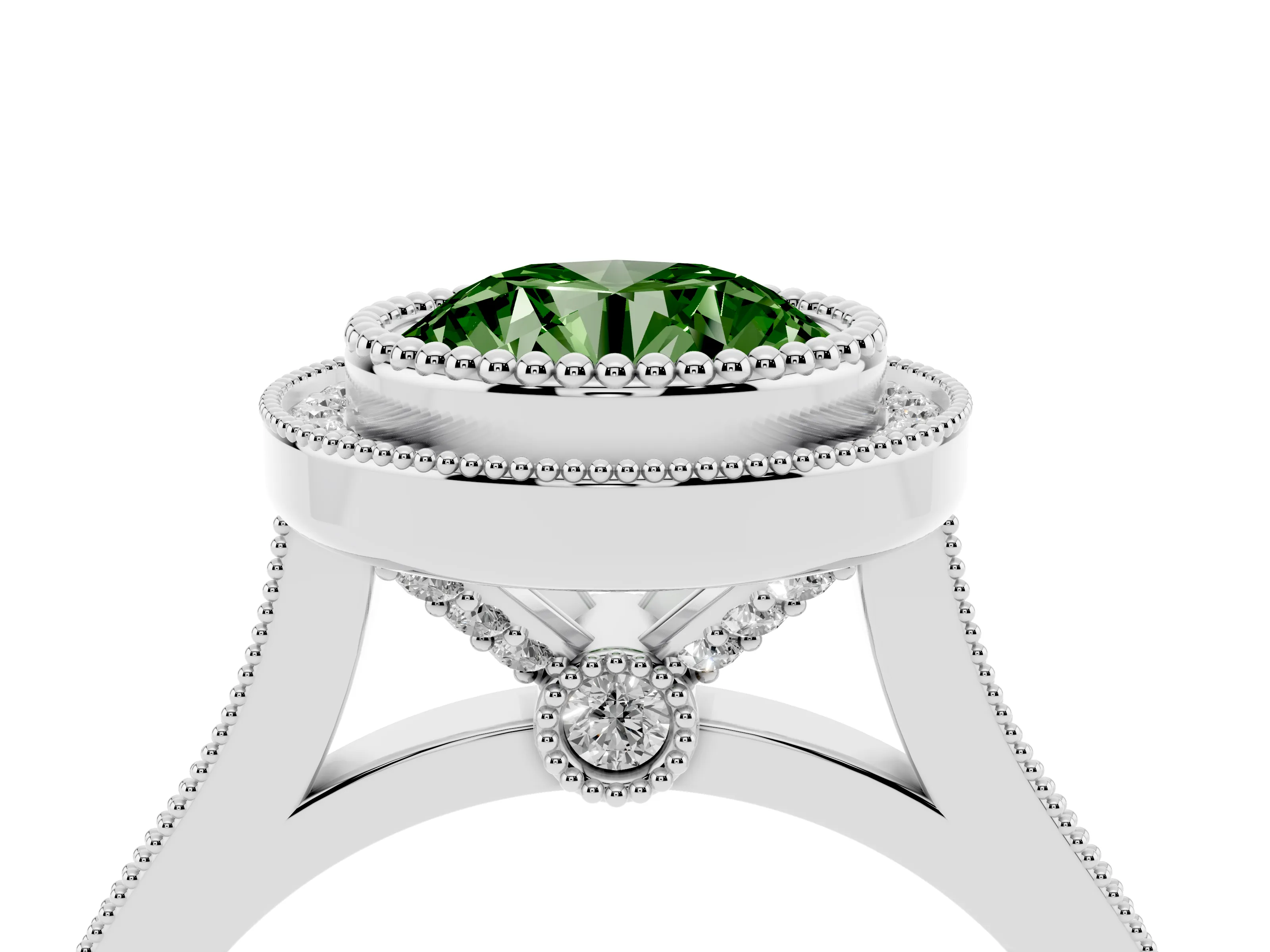 Fancy Green Round Cut Diamond Halo Ring Set in White gold with Milgrain Frame and Pavé Band
