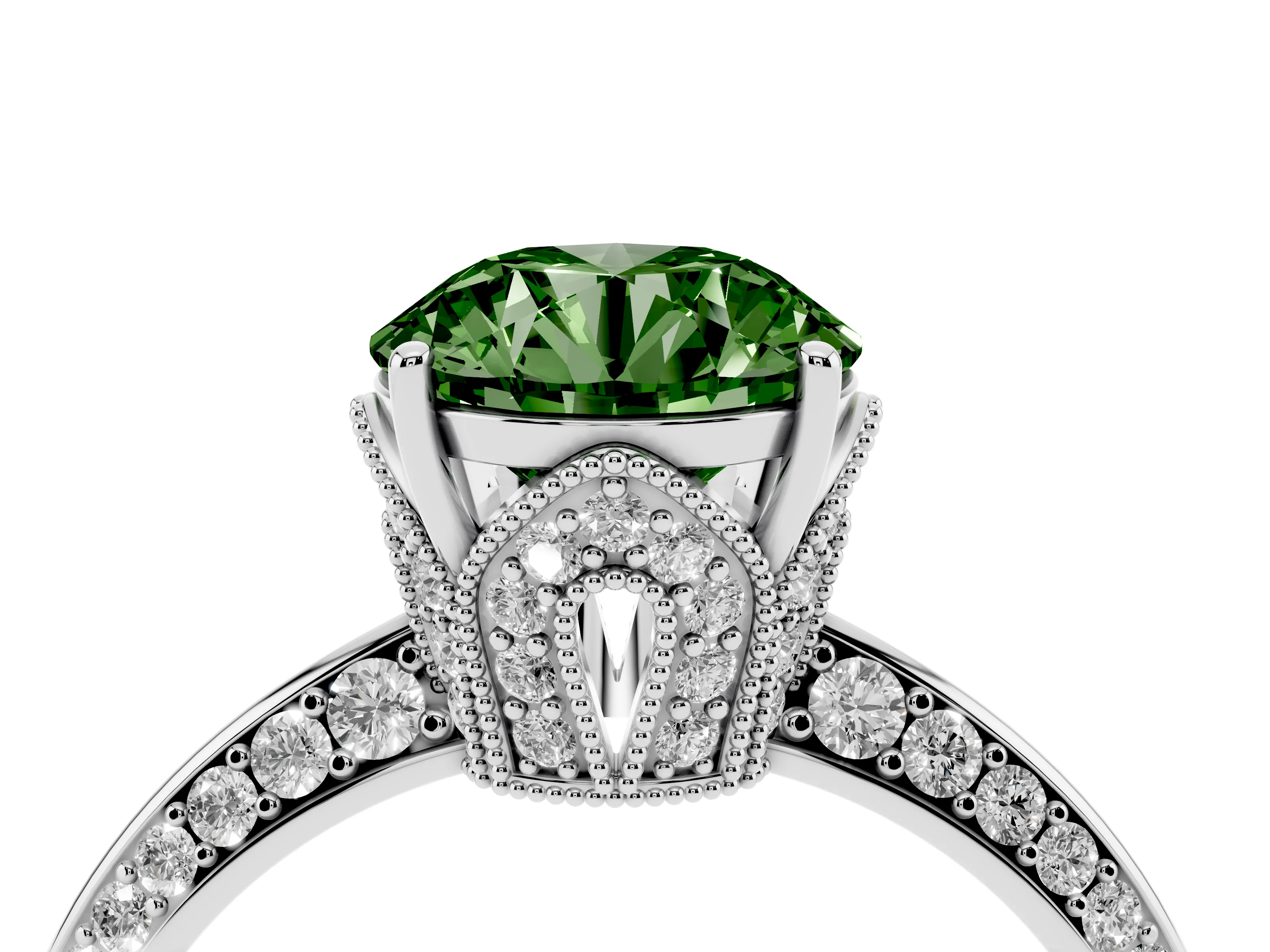 Fancy Green Round Cut Diamond Solitaire Engagement Ring Set in Silver with Pavé Split Shank and Prong Setting