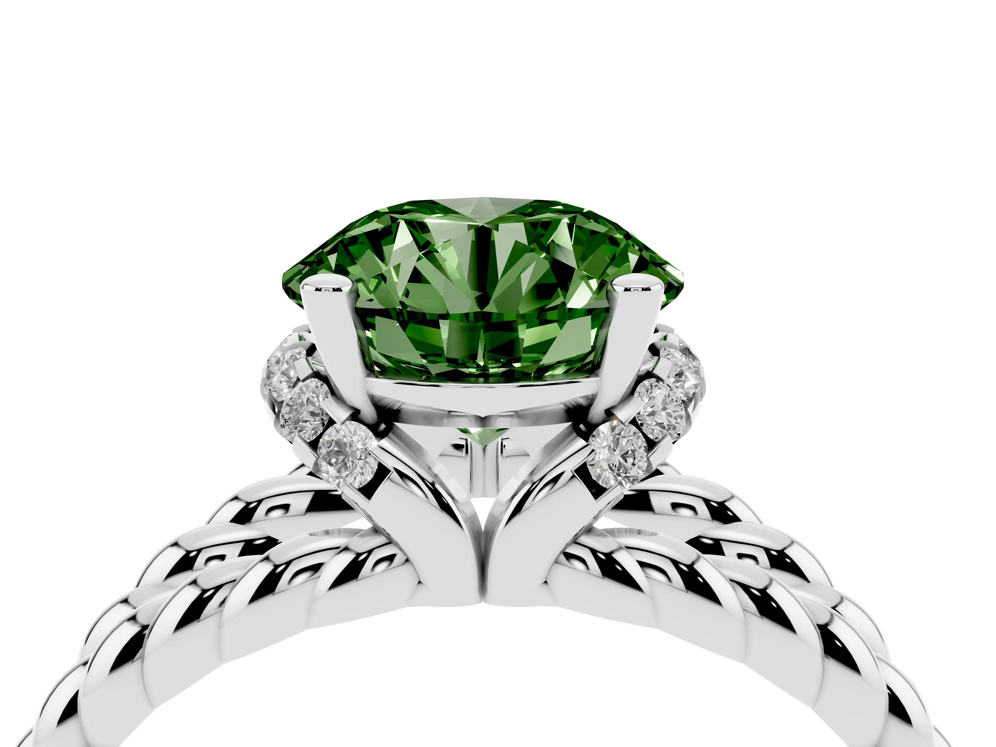 Fancy Green Round Cut Diamond Halo Ring Set in White gold with Twisted Band and Prong Setting