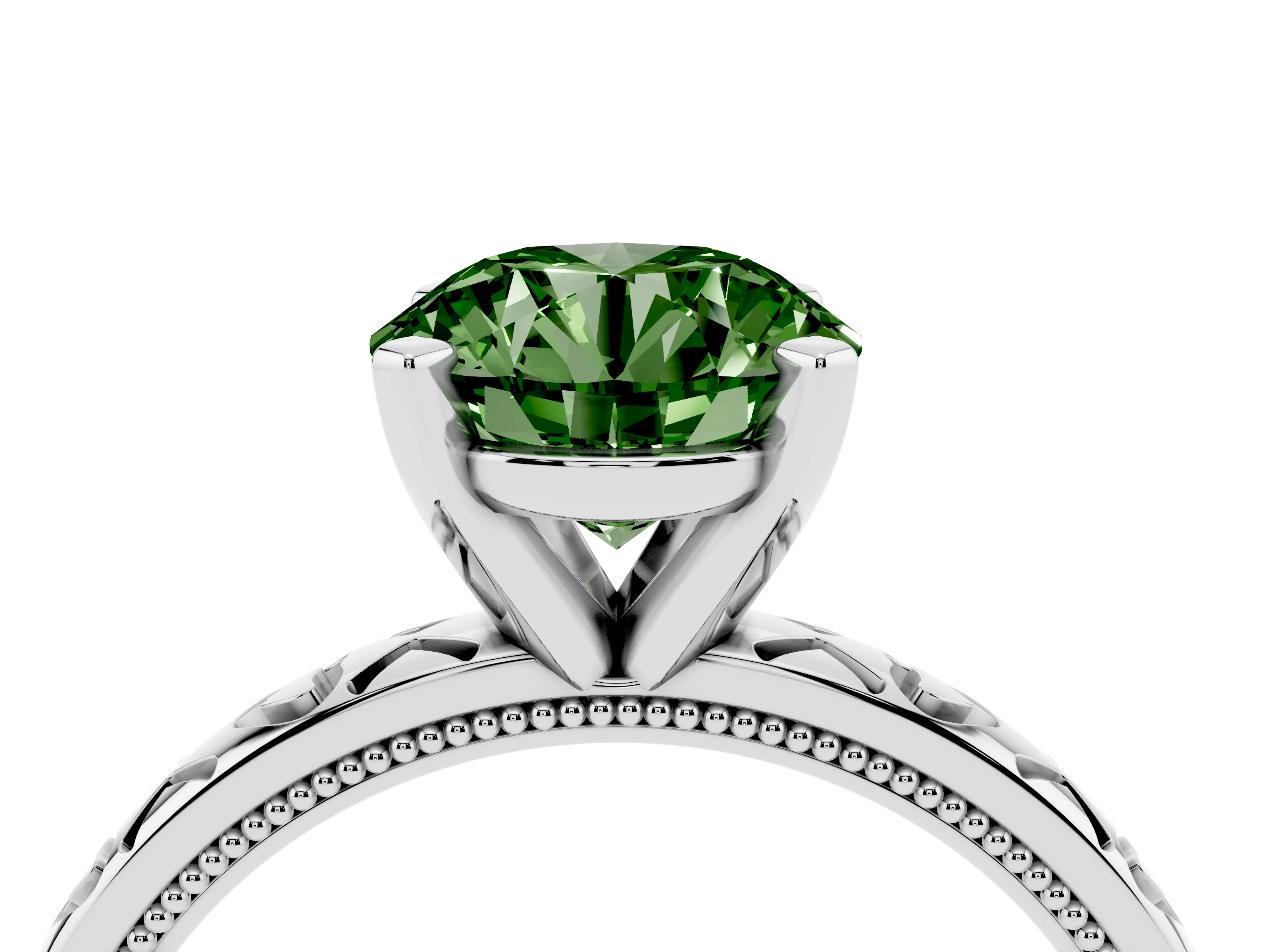 Fancy Green Round Cut Diamond Solitaire Engagement Ring Set in White gold with XO Engraved Band and Prong Setting