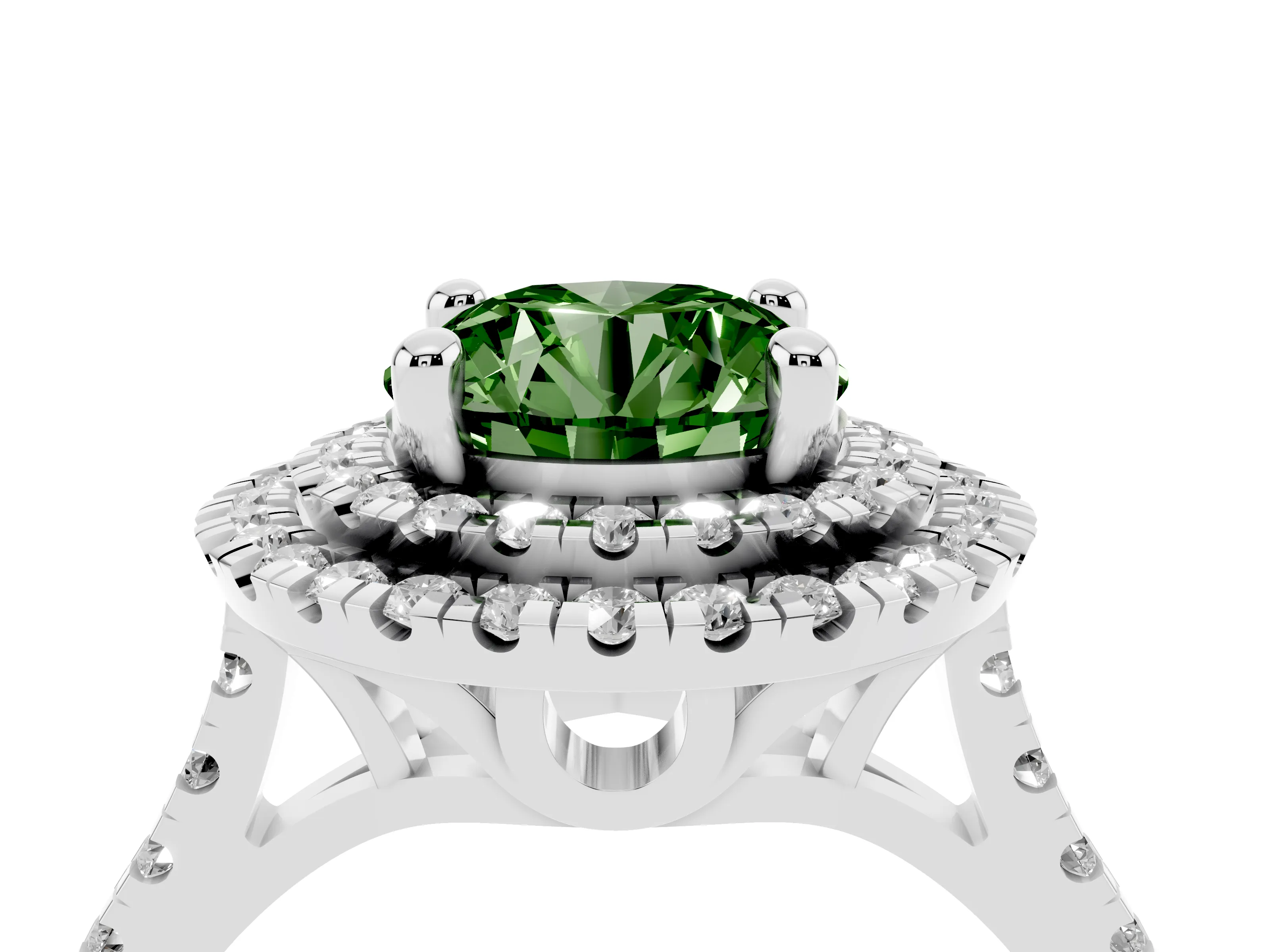 Fancy Green Round Cut Diamond Double Halo Statement Ring Set in Silver with Pavé Band