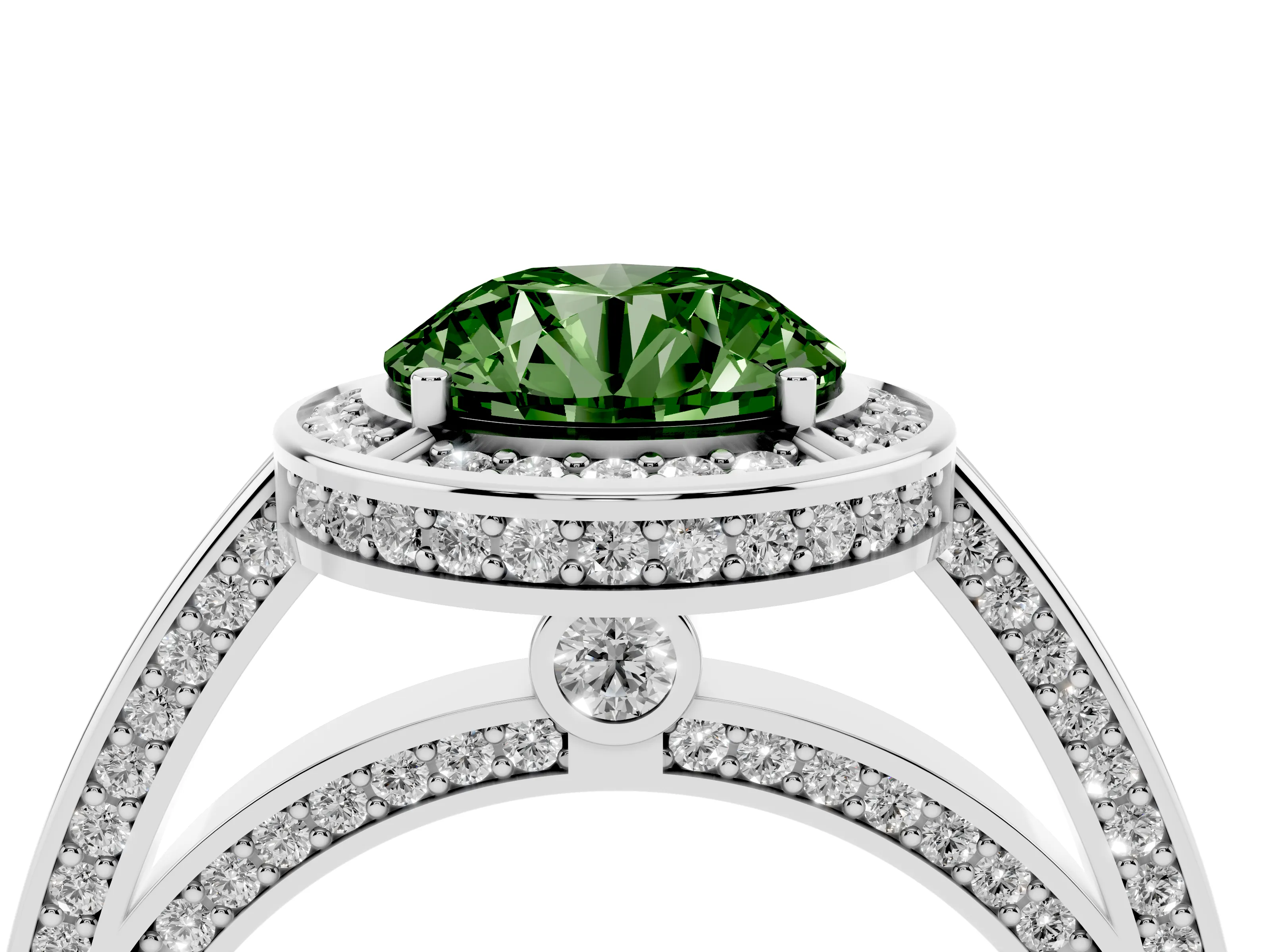 Fancy Green Round Cut Diamond Halo Pavé Split Shank Ring Set in White gold with Prong Setting