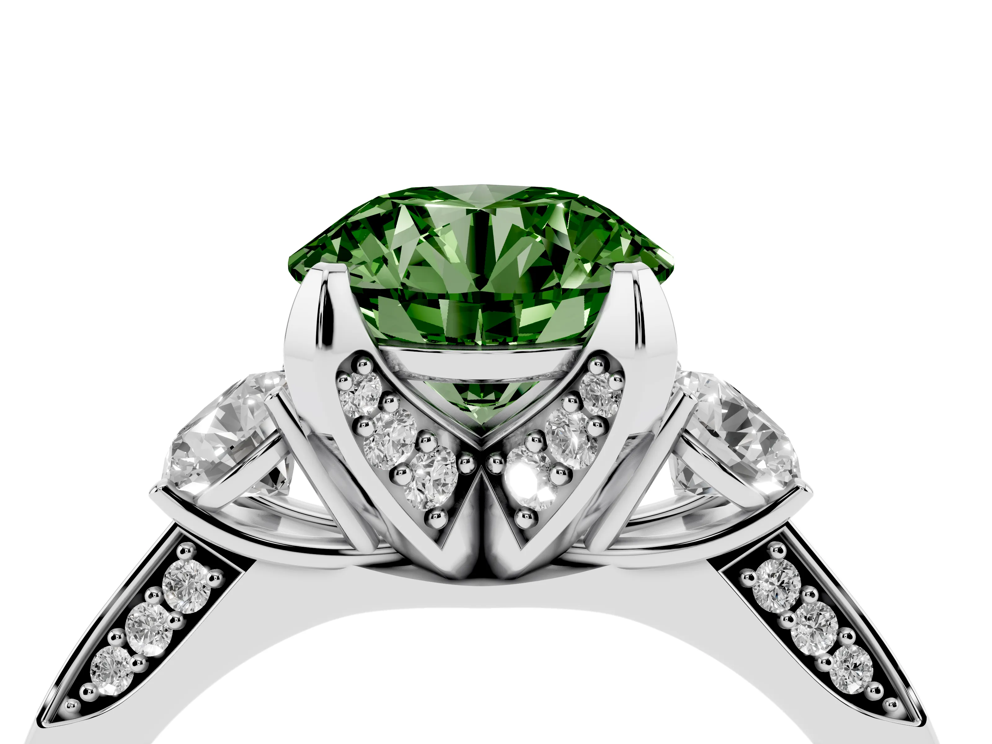 Fancy Green Round Cut Diamond Three-Stone Ring Set in Platinum with Pavé Band and Smaller Side Stones