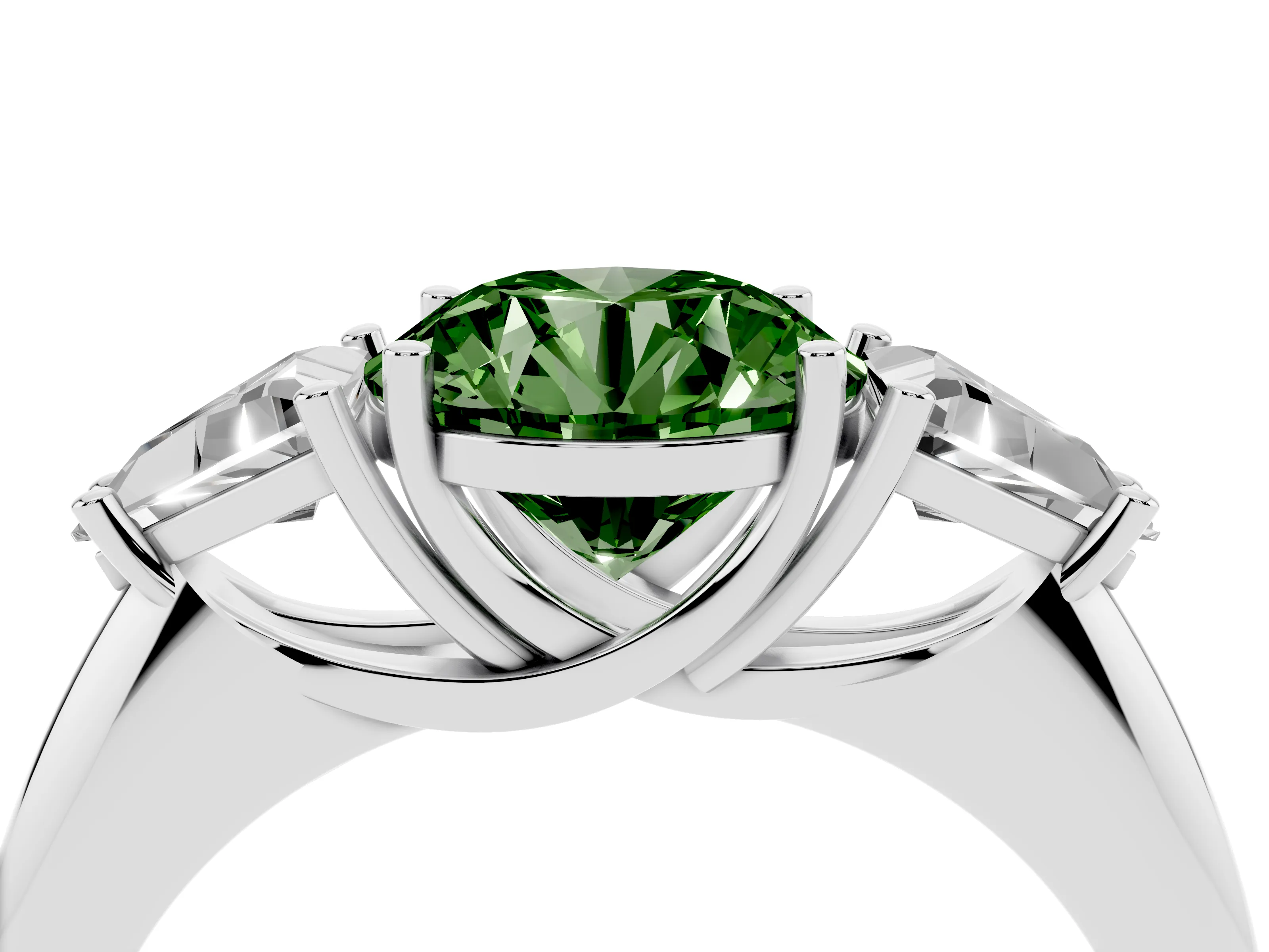 Fancy Green Round Cut Diamond Three-Stone Engagement Ring Set in Silver with Trillion Side Stones