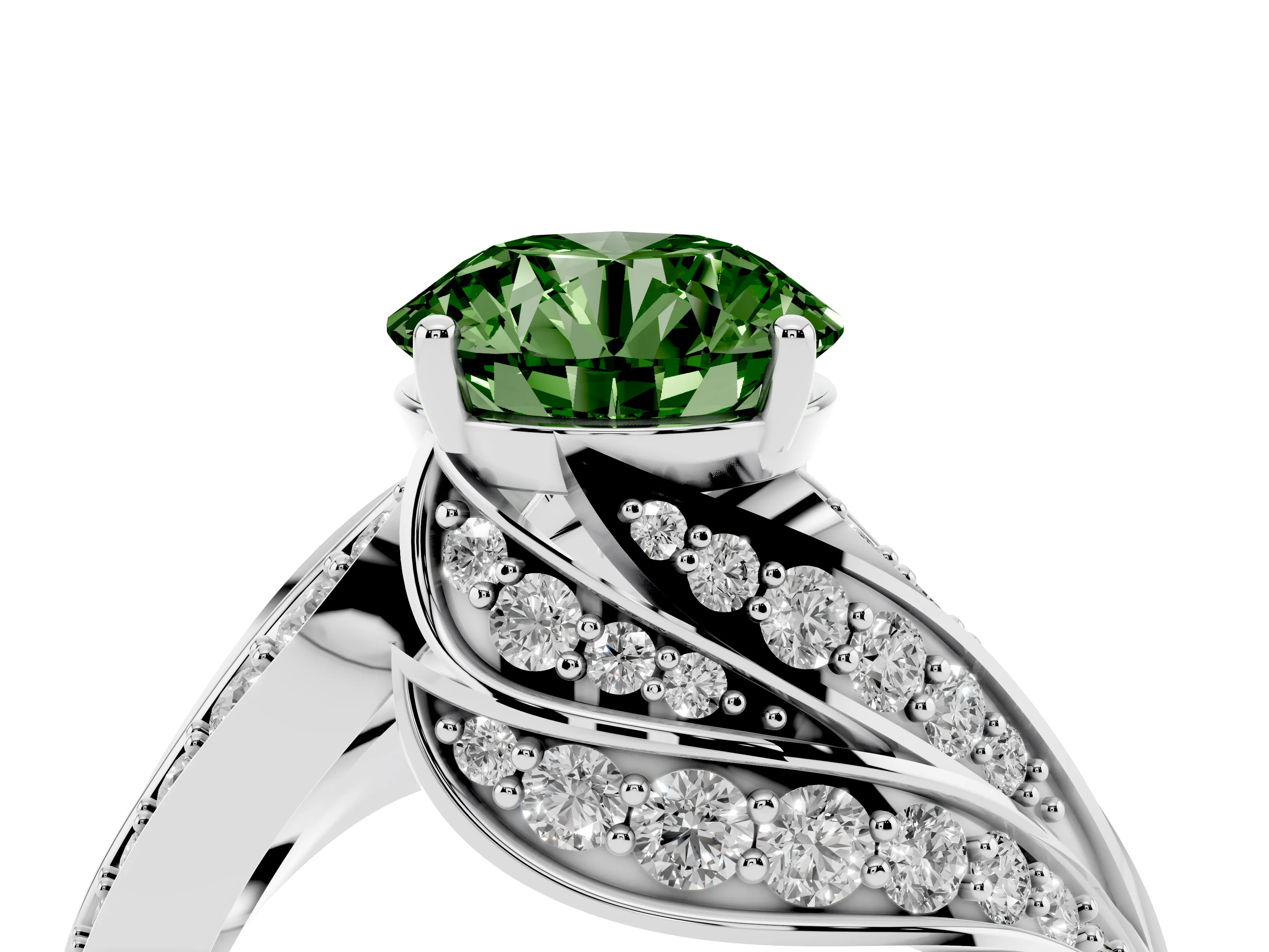 Fancy Green Round Cut Diamond Solitaire Ring Set in Silver with Layered Twist Pavé Band