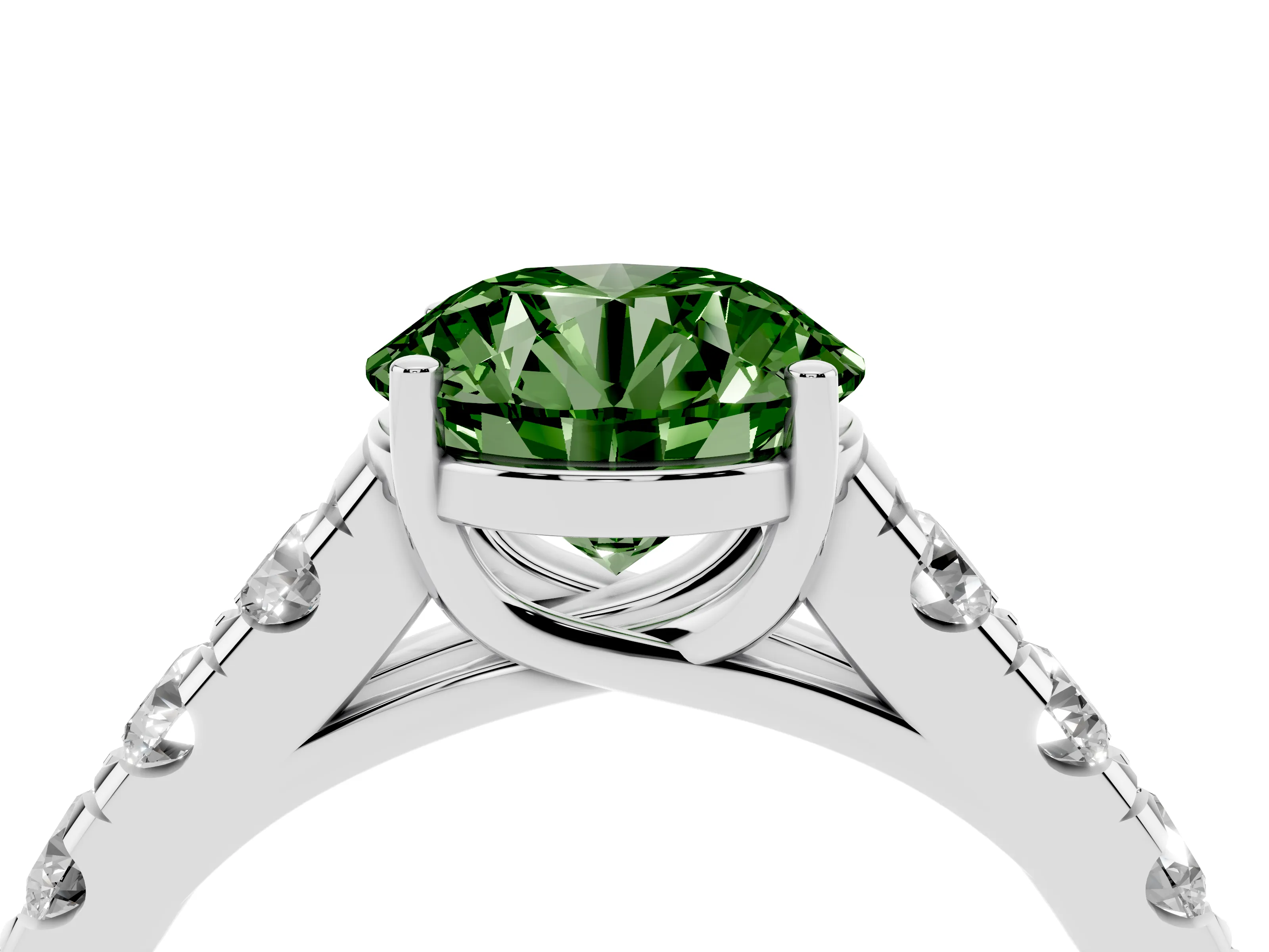 Fancy Green Round Cut Diamond Solitaire Ring Set in Platinum with Cut-Down Micro Pavé Band and Prong Setting