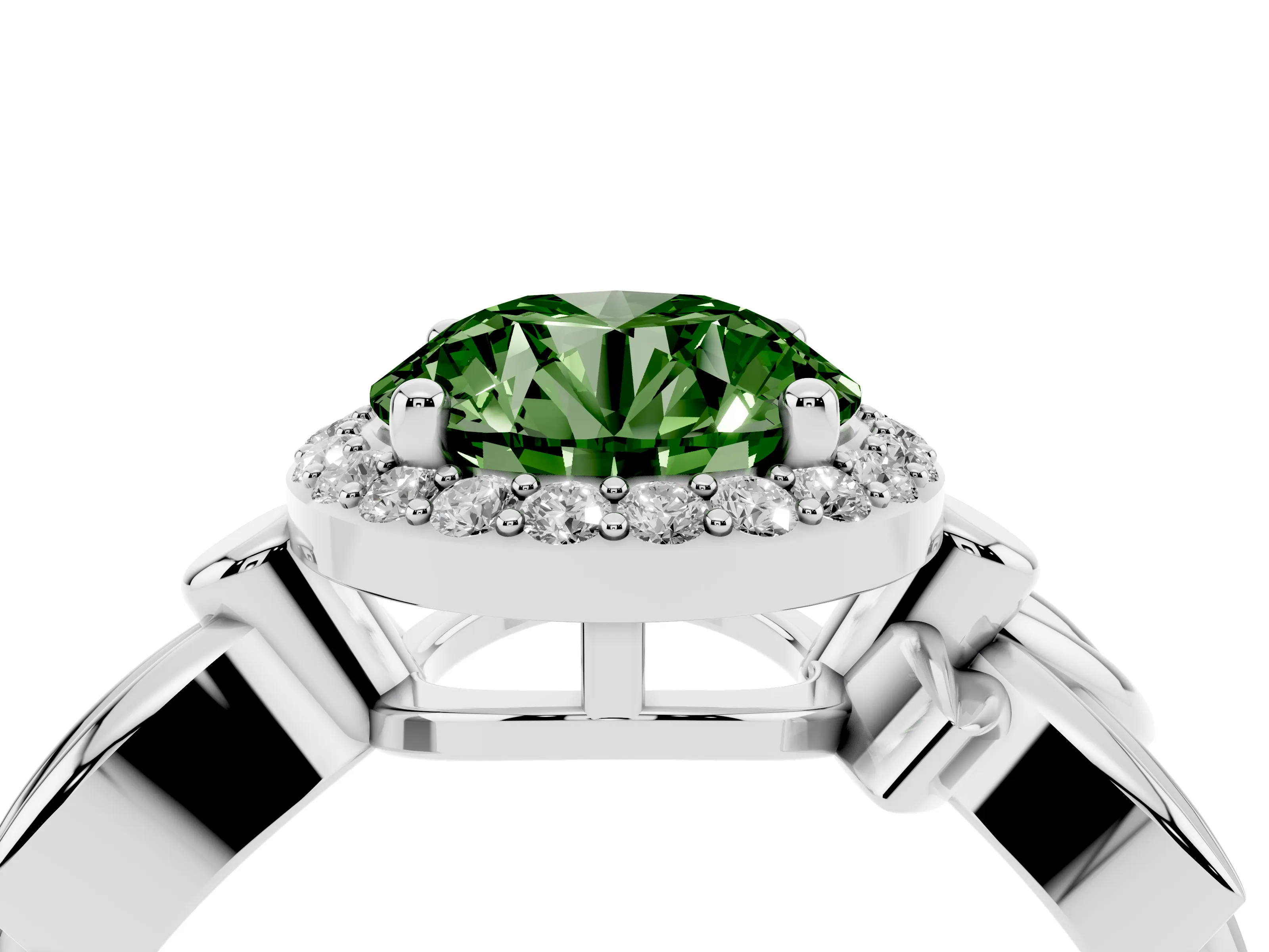 Fancy Green Round Cut Diamond Halo Floral Band Ring Set in Silver with Prong Setting