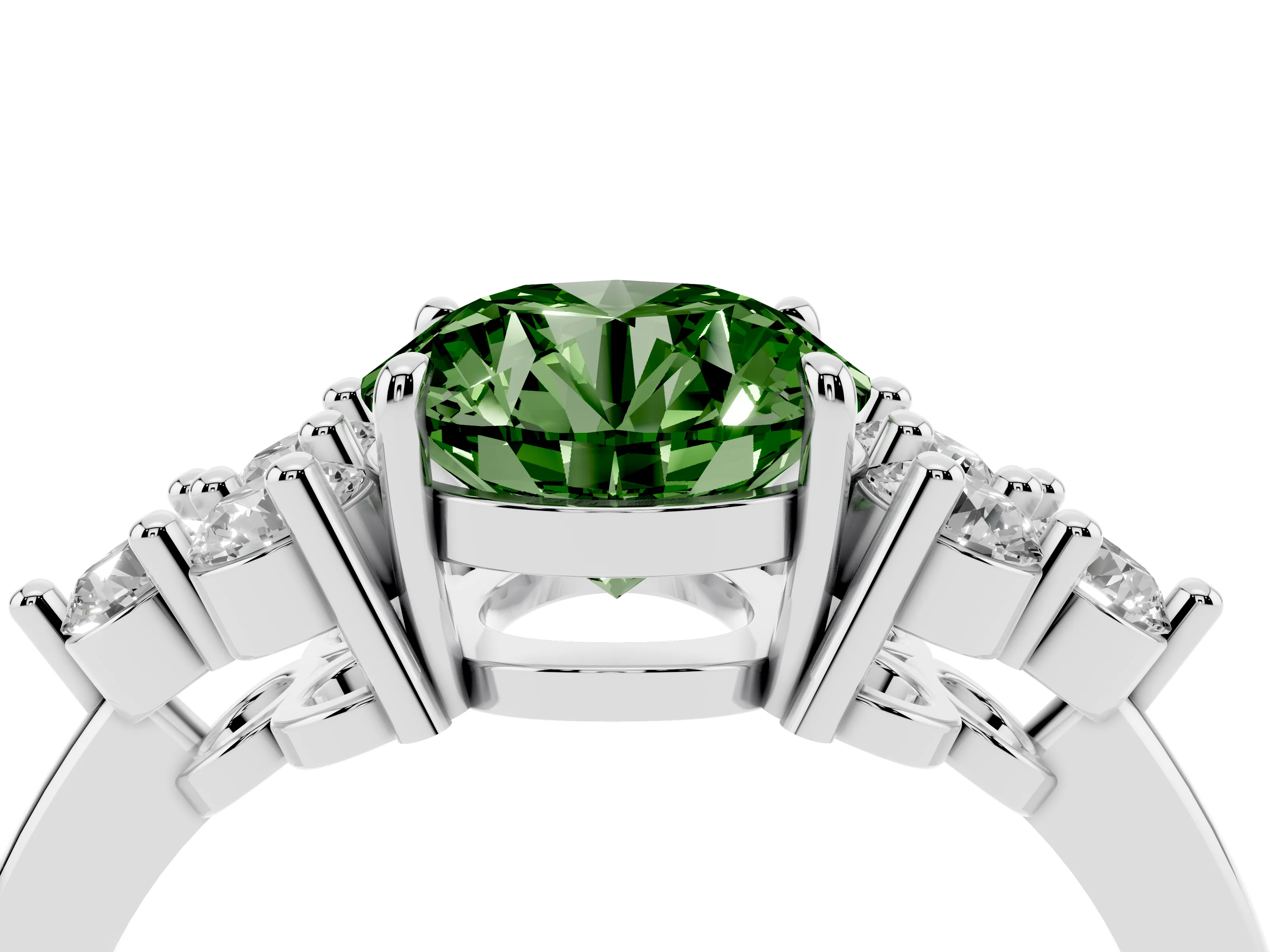 Fancy Green Round Cut Diamond Solitaire Ring Set in Silver with Cluster Accents on Each Side