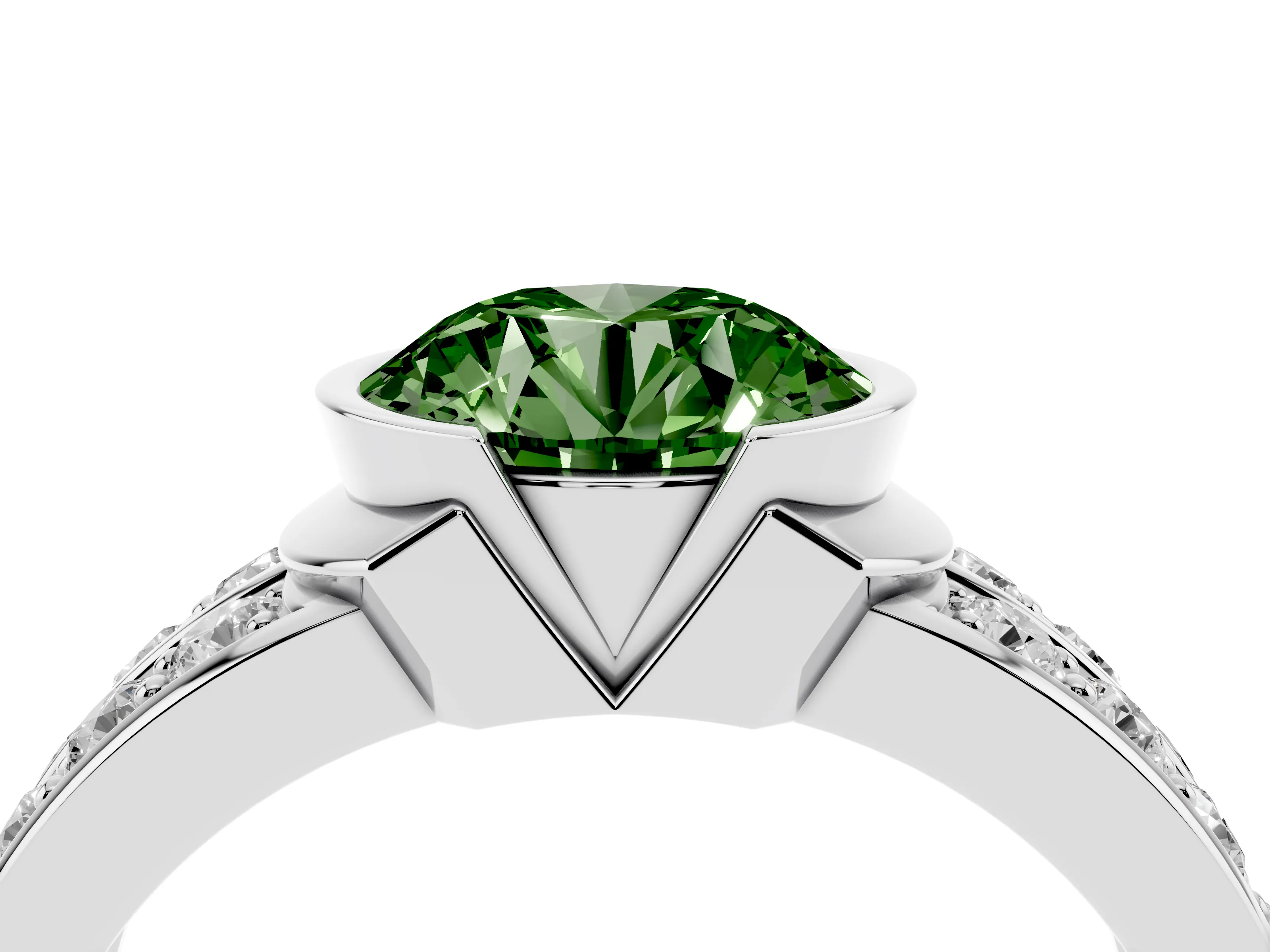 Fancy Green Round Cut Diamond Wide Channel Set Band Ring Set in Platinum with Bezel Setting